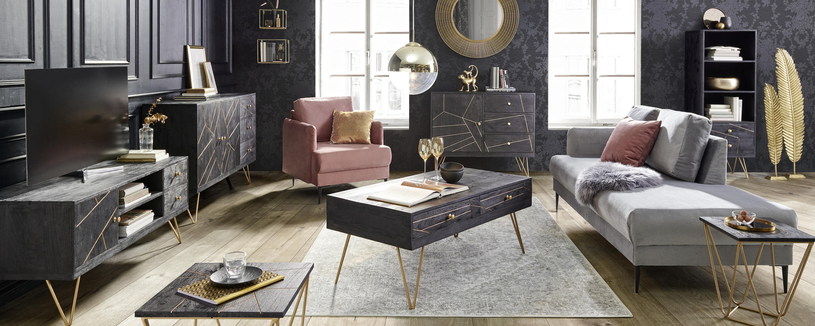 BEISTELLTISCHSET Akazie massiv quadratisch Schwarz - Goldfarben/Schwarz, Trend, Holz/Metall (40/40/50cm) - Ambia Home