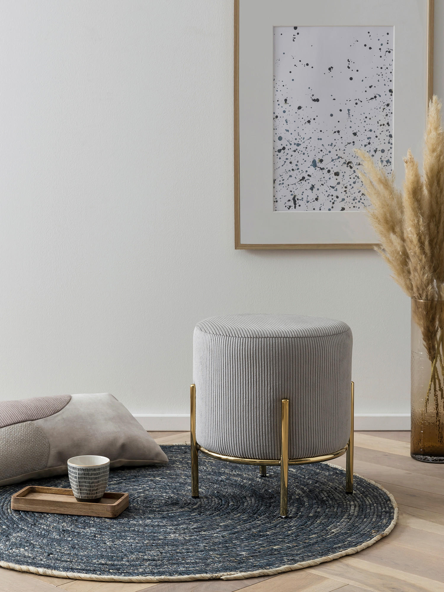 HOCKER in Textil Goldfarben, Hellgrau  - Goldfarben/Hellgrau, MODERN, Textil/Metall (35/38/35cm) - Livetastic