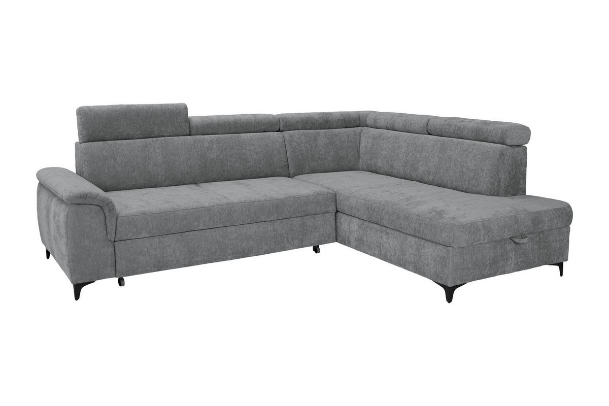 ECKSOFA Dunkelgrau Chenille Bettkasten, Schlaffunktion, Rücken echt, Kopfteilverstellung, Liegefläche im Originalstoff  - Dunkelgrau/Schwarz, KONVENTIONELL, Textil/Metall (265/206cm) - Carryhome