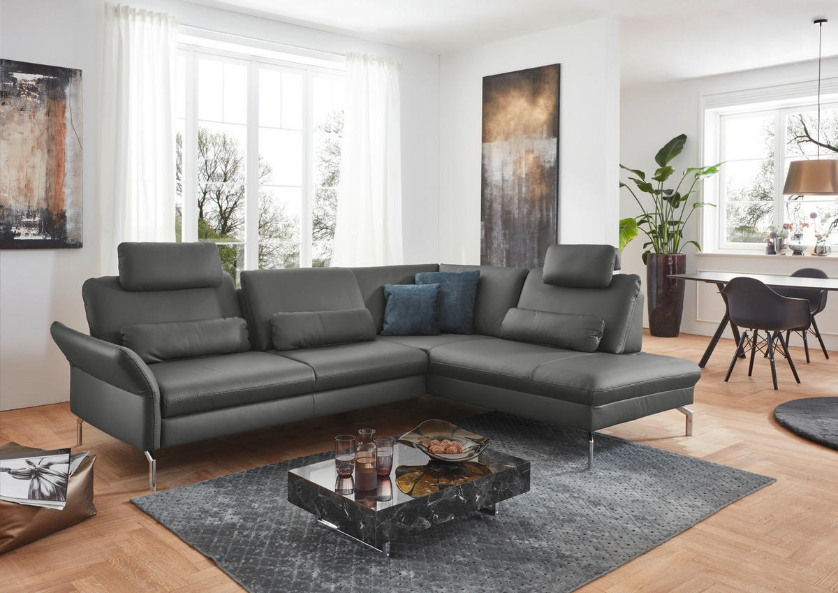 ECKSOFA in Echtleder Anthrazit  284/220 cm  - Anthrazit/Alufarben, KONVENTIONELL, Leder/Metall (284/220cm) - Beldomo Premium