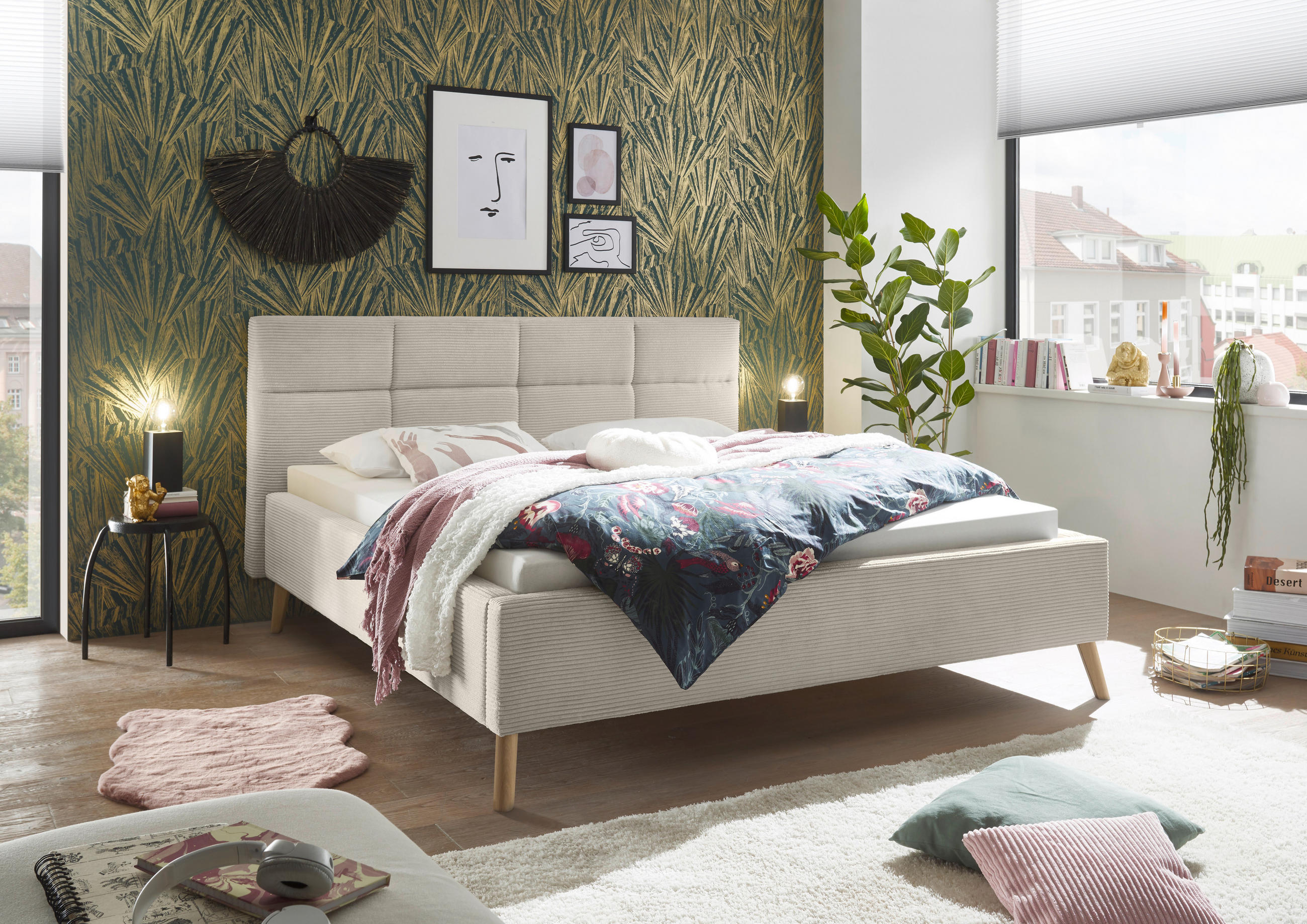 POLSTERBETT 180/200 cm,  in Beige,  - Eichefarben/Beige, KONVENTIONELL, Holz/Textil (180/200cm) - SetOne by Musterring
