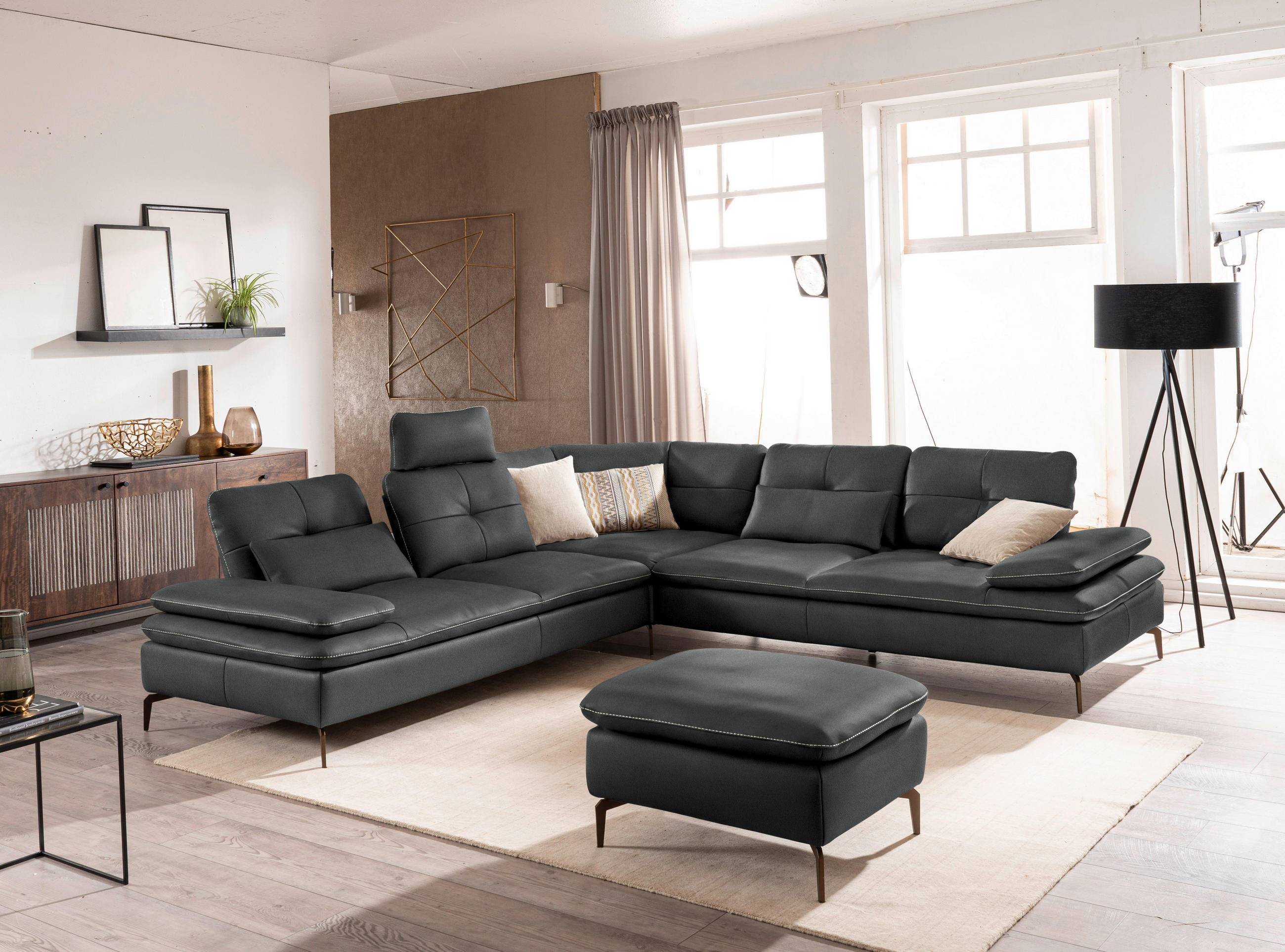 ECKSOFA in Echtleder Anthrazit  - Weiss/Anthrazit, Design, Leder/Metall (298/298cm) - Chilliano