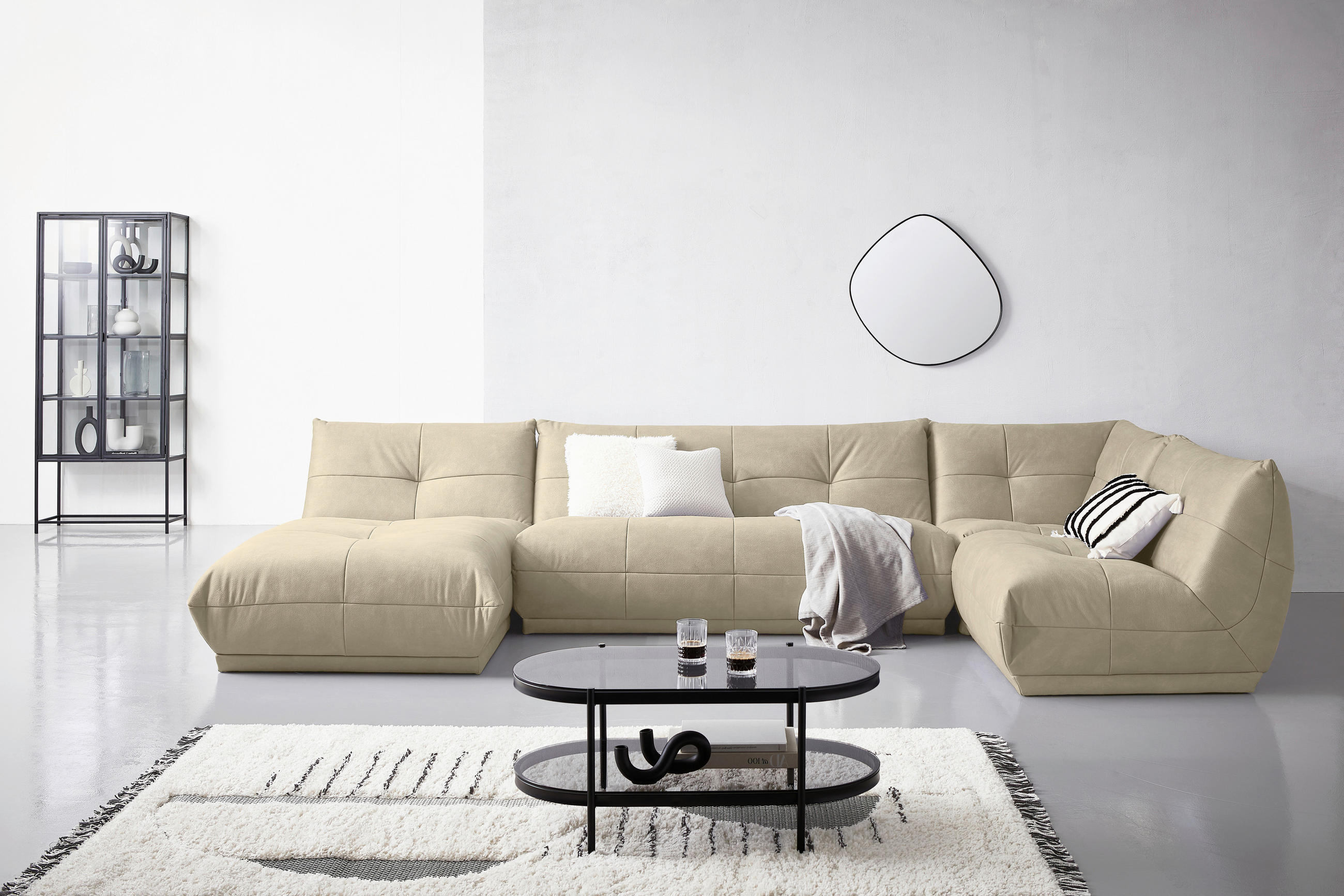 SOFFA i läderimitation cremefärgad  - cremefärgad, Trend, textil (185/390/210cm) - Livetastic
