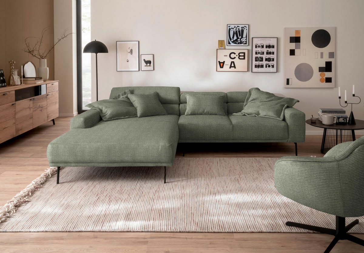 ECKSOFA Cord Olivgrün  - Schwarz/Olivgrün, Design, Textil/Metall (215-217/293cm) - Schöner Wohnen