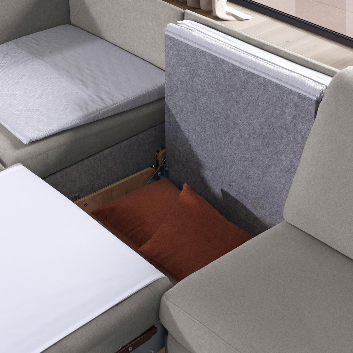 ECKSOFA in Flachgewebe Ecru  203/261 cm  - Ecru/Eichefarben, KONVENTIONELL, Holz/Textil (203/261cm) - Sedda