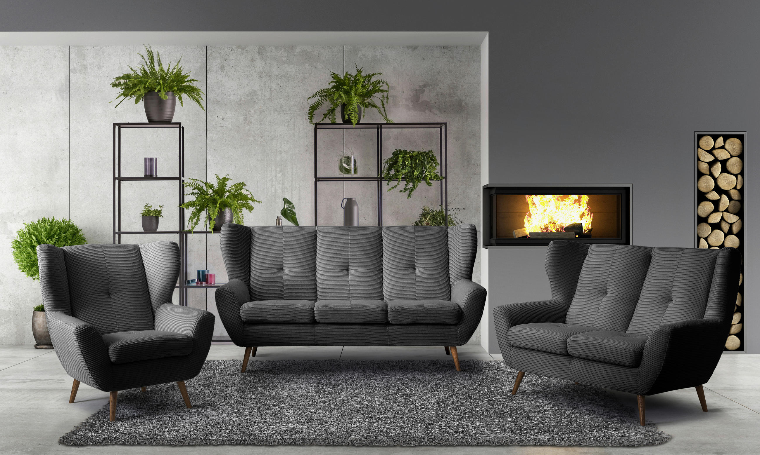 3-SITZER-SOFA Cord Anthrazit, Dunkelgrau  - Eichefarben/Dunkelgrau, Design, Holz/Textil (190/102/90cm) - Stylife