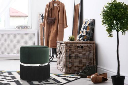 HOCKER in Metall, Textil, Holzwerkstoff Schwarz, Silberfarben, Dunkelgrün  - Dunkelgrün/Silberfarben, Basics, Holzwerkstoff/Textil (41/44,5/41cm) - Kayoom