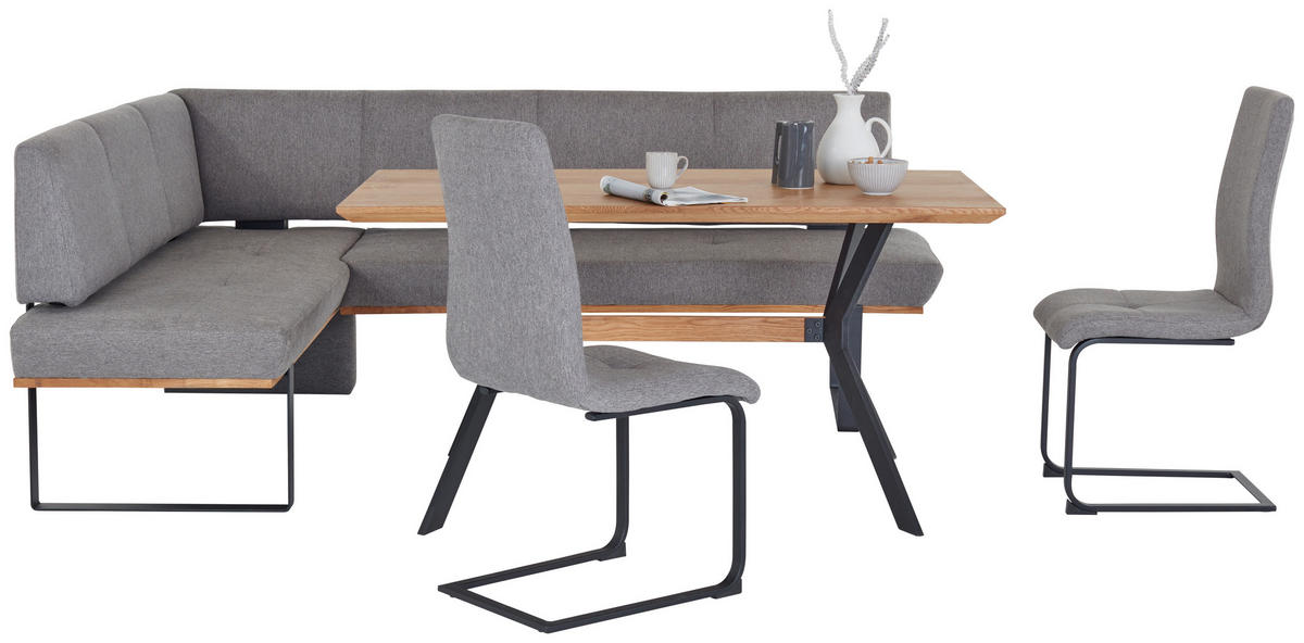 ECKBANK 175/225 cm Webstoff Grau Eiche vollmassiv   - Schwarz/Grau, MODERN, Holz/Textil (175/225cm) - Livetastic