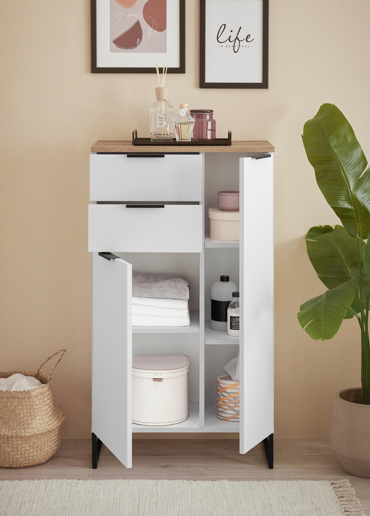 MIDISCHRANK 60/106/32 cm  - Eichefarben/Schwarz, KONVENTIONELL, Holzwerkstoff/Metall (60/106/32cm) - home24