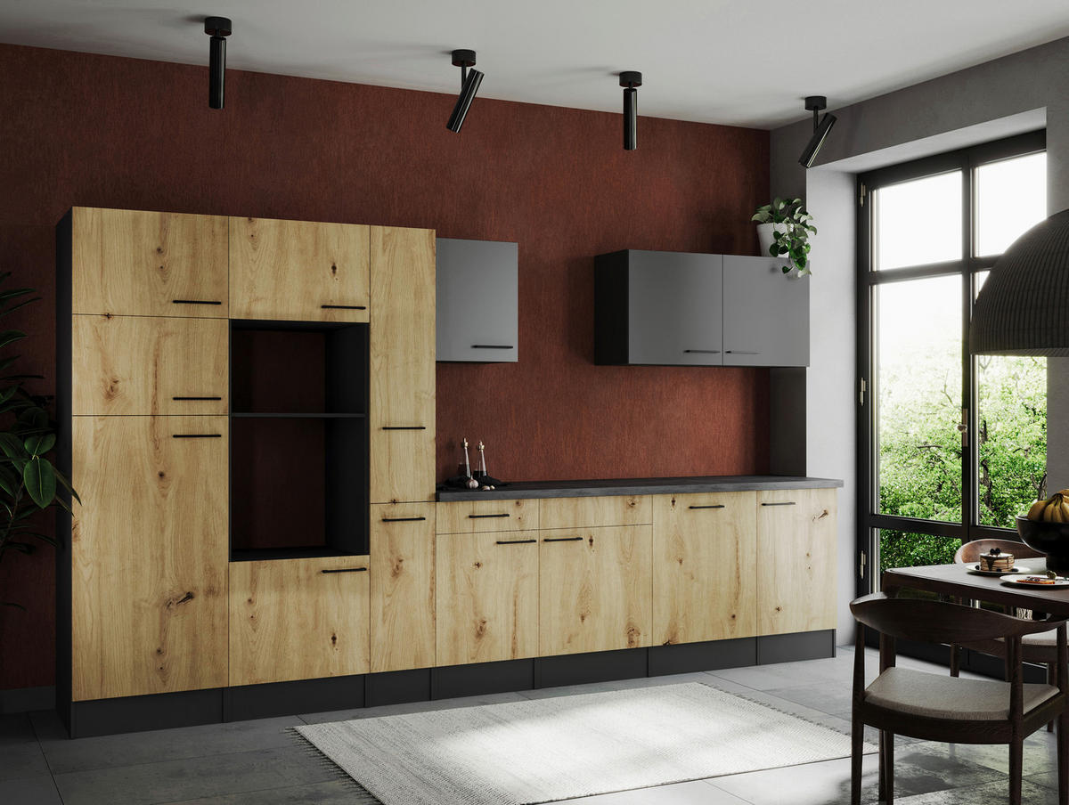 MODULKÖK UTAN VITVAROR 370 cm   i grå, ek Artisan  - svart/grå, Design, metall/trämaterial (370cm) - Respekta