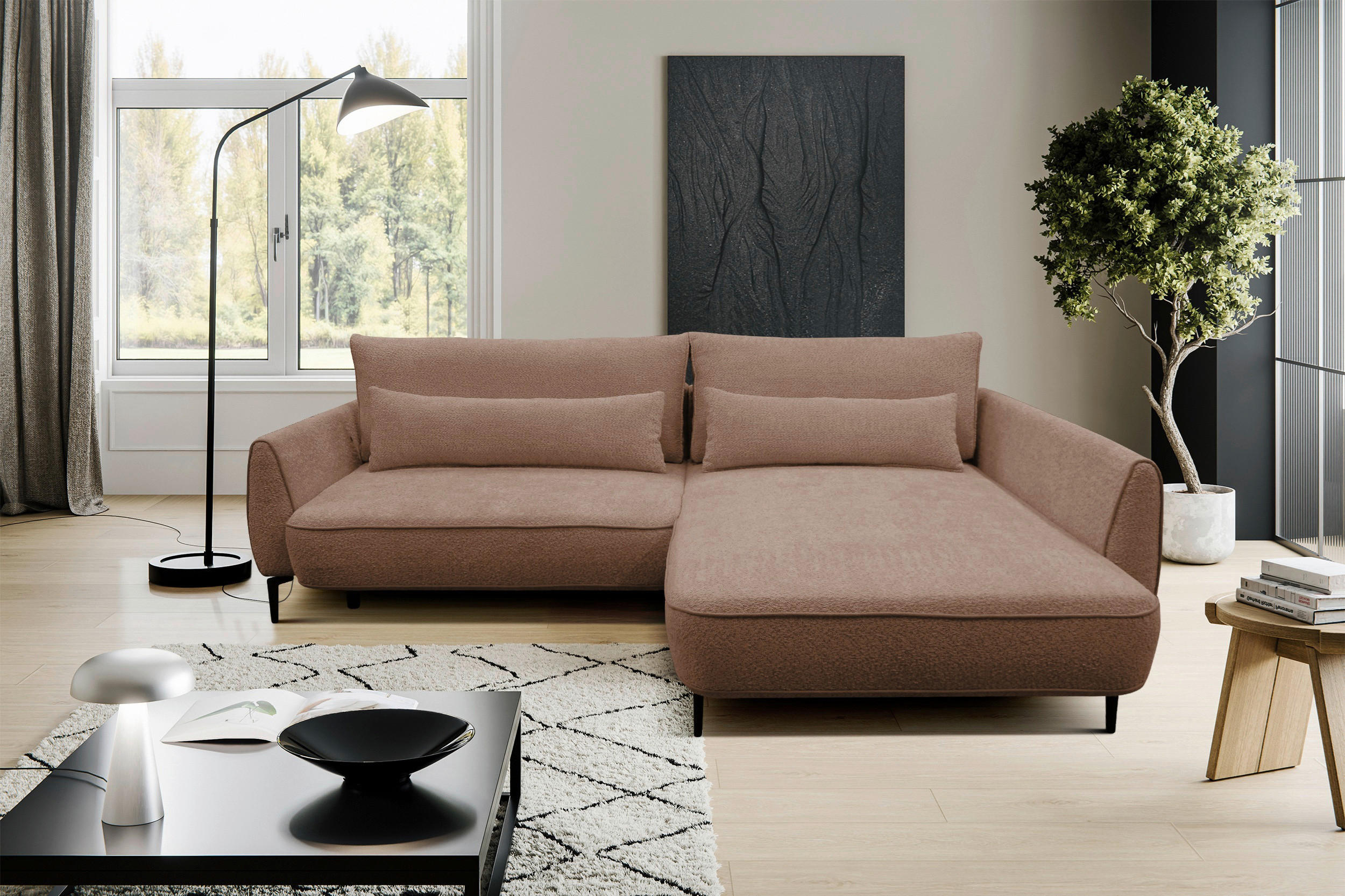 ECKSOFA in Bouclé Braun  - Creme/Schwarz, Design, Textil/Metall (273/204cm) - MID.YOU