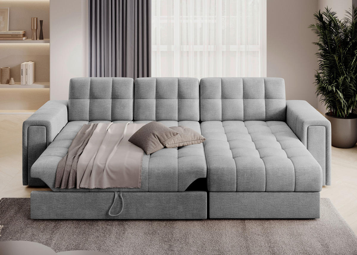 ECKSOFA Samt Hellgrau  - Hellgrau/Schwarz, Design, Kunststoff/Textil (260/150cm) - MID.YOU