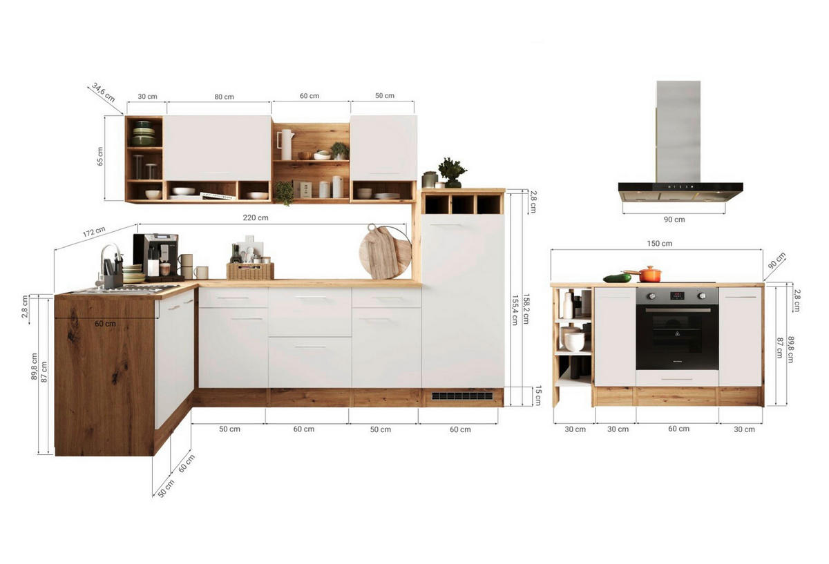 HÖRNKÖK 280/172 cm  i vit  - vit/aluminiumfärg, Design, metall/trämaterial (280/172cm) - Respekta