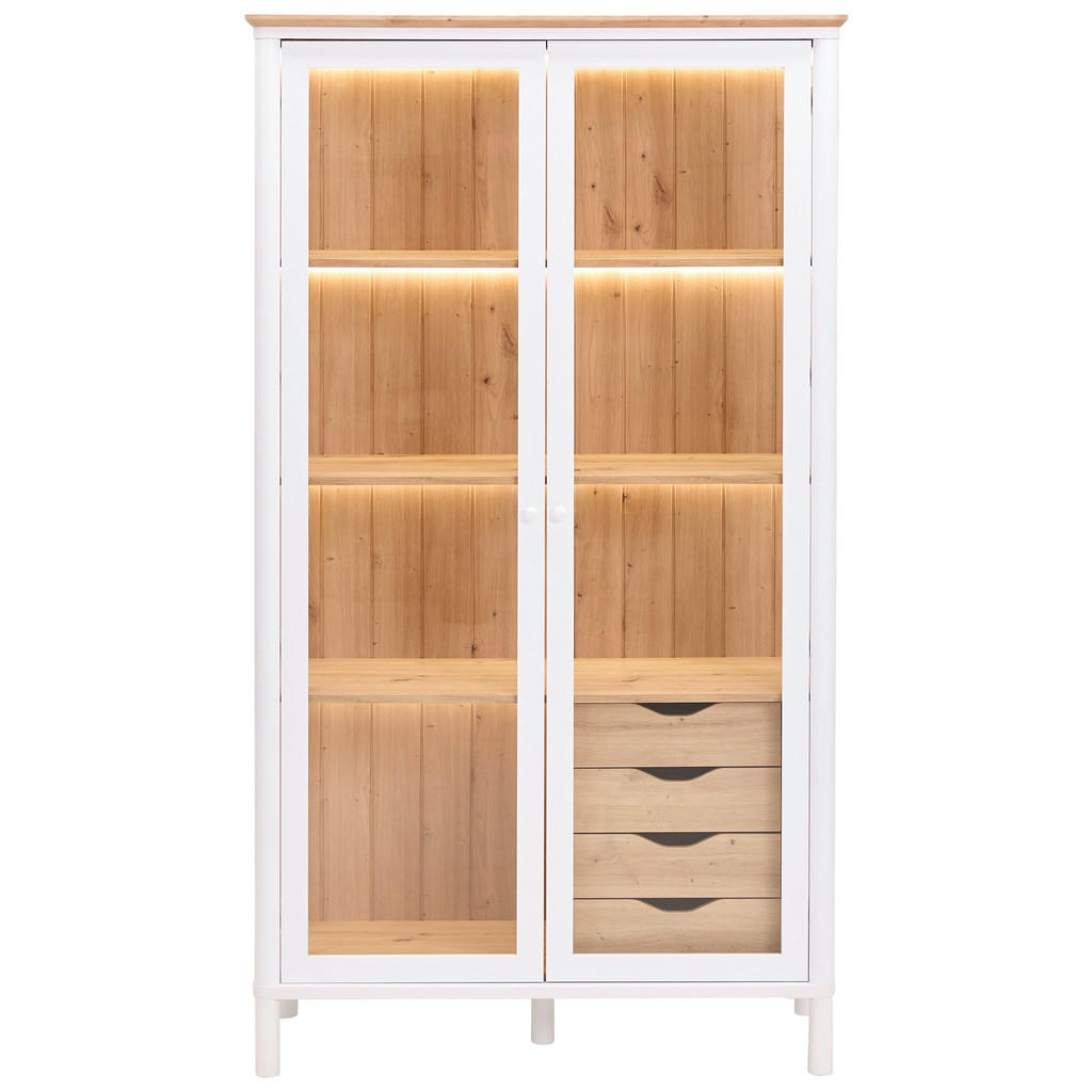 Thumbnail - home24 Vitrine, Weiß, Eiche Artisan, Metall, 3 Fächer, 4 Schubladen, 112.3x198.4x47.2 cm, Beimöbel erhältlich, stehend, ...