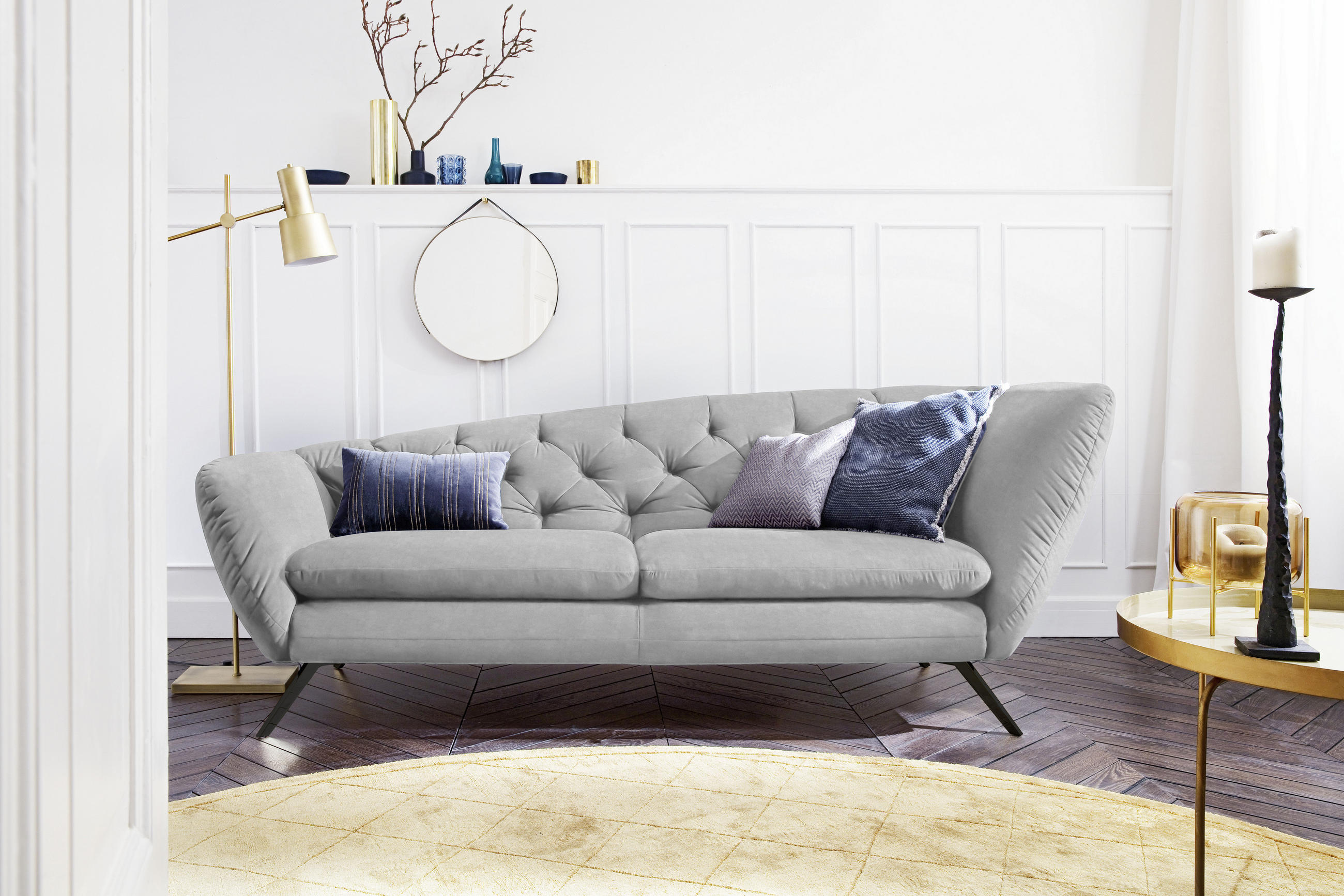 CHESTERFIELD-SOFA Mikrofaser Schwarz, Hellgrau  - Hellgrau/Schwarz, Design, Textil/Metall (223/84/90cm) - Pure Home Lifestyle