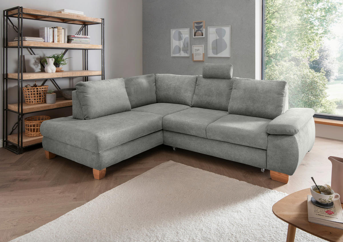 ECKSCHLAFSOFA  mit Liegefunktion, Rücken echt, Armteil rechts Chenille Grau  - Wildeiche/Grau, MODERN, Holz/Textil (206/261cm) - Livetastic