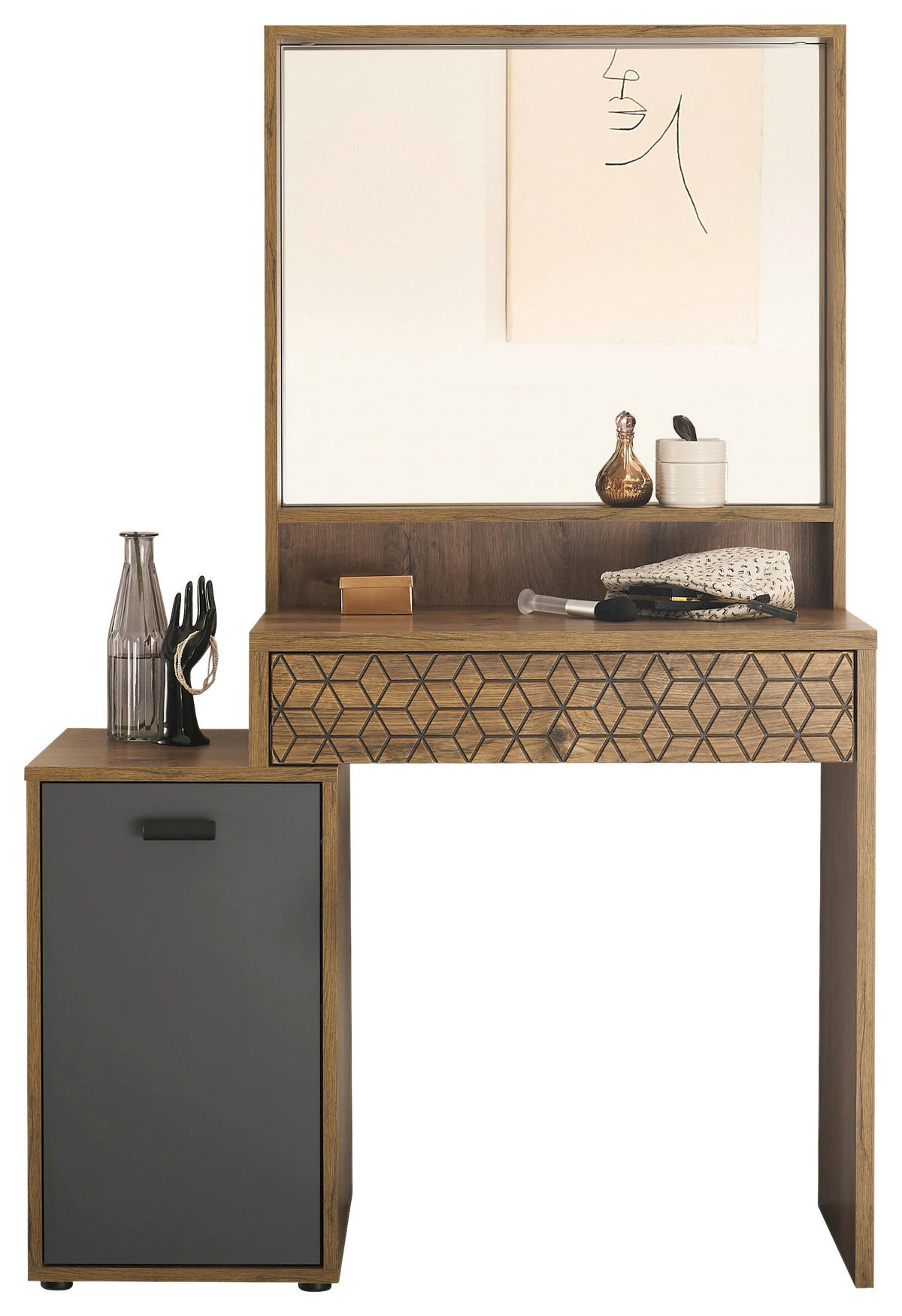 SCHMINKTISCH Graphitfarben, Eichefarben  - Eichefarben/Graphitfarben, Natur, Glas/Holzwerkstoff (95/145/40cm) - Xora