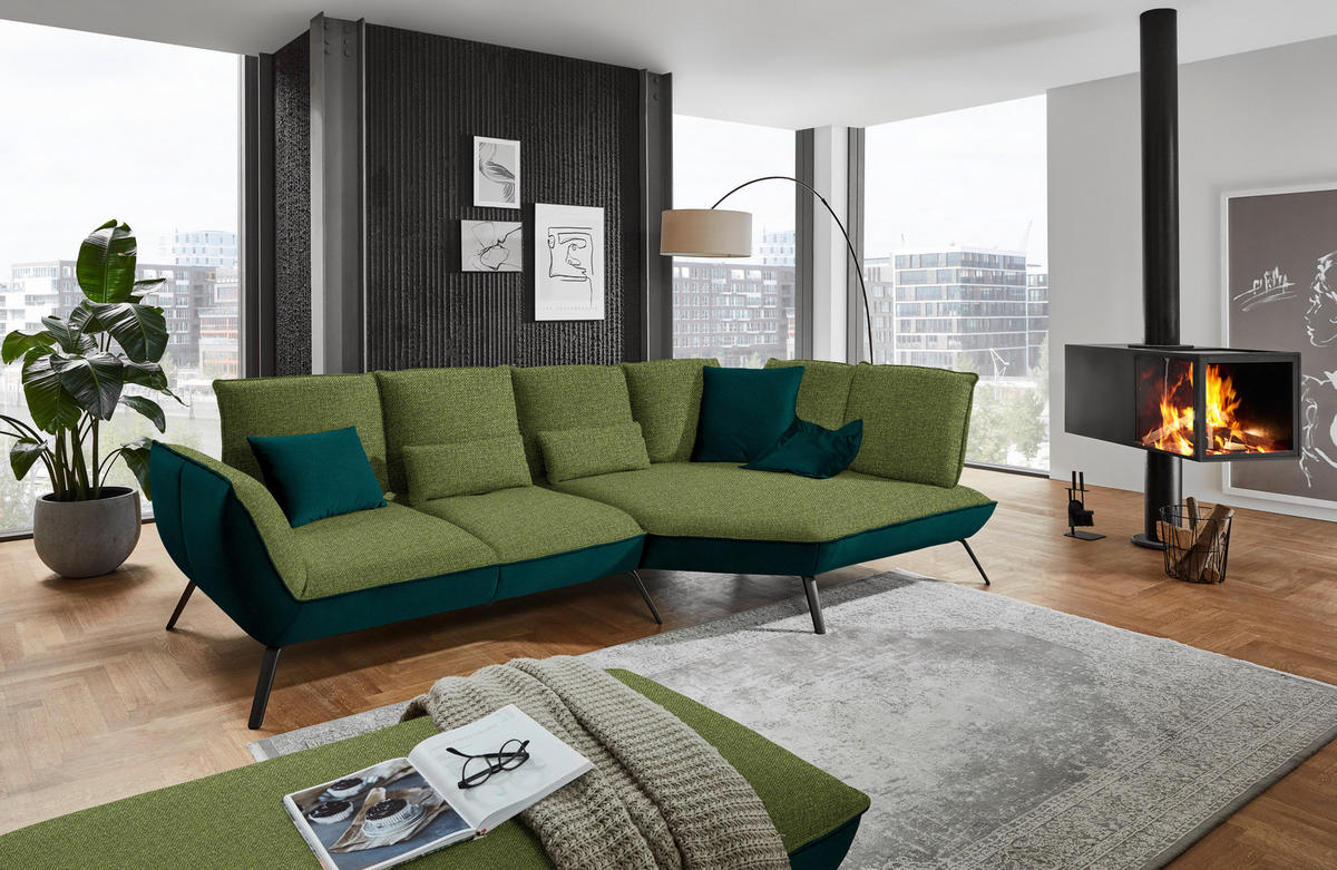 ECKSOFA in Flachgewebe Grün  - Schwarz/Grün, Design, Textil/Metall (320/169cm) - Moderano
