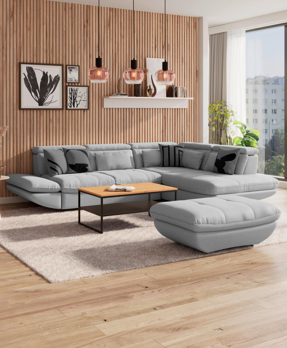 WOHNLANDSCHAFT in Webstoff Hellgrau  - Hellgrau/Schwarz, Modern, Kunststoff/Textil (233/311cm) - MID.YOU