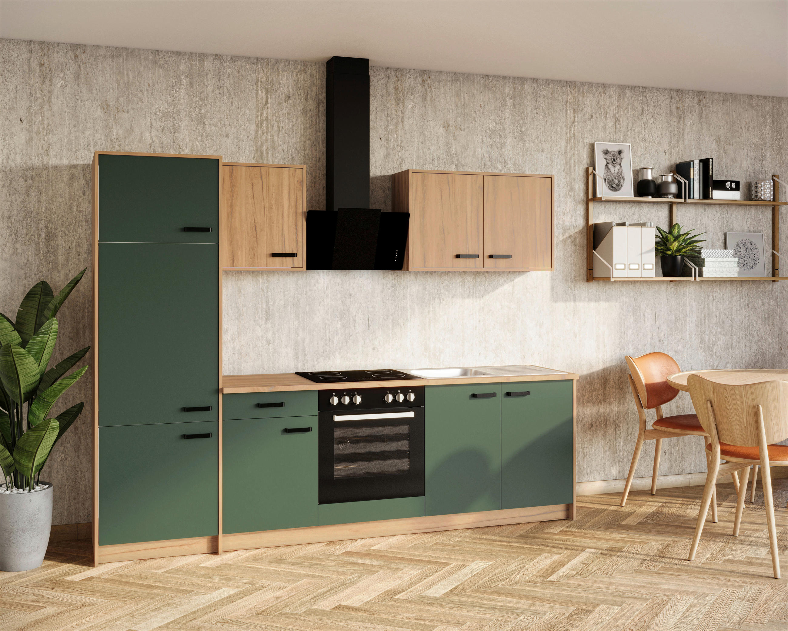 BUCĂTĂRIE FĂRĂ ELECTROCASNICE 264,5/202/60 cm  - verde închis/culoare lemn stejar, Basics, metal/material pe bază de lemn (264,5/202/60cm)