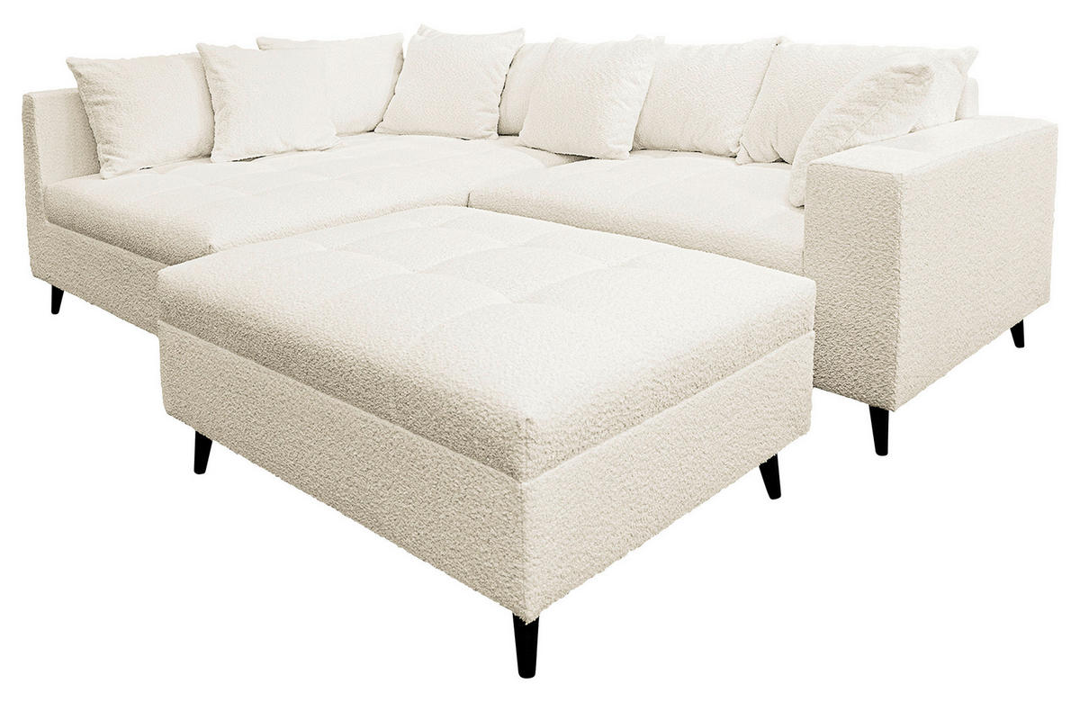 Ecksofa inkl. Hocker Weiß Bouclé  - Schwarz/Weiß, Design, Holz/Textil (174/247cm) - MID.YOU