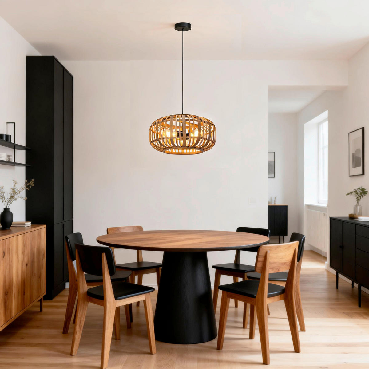 HÄNGELEUCHTE Vinkovci 40/120 cm  - Schwarz/Naturfarben, Design, Naturmaterialien/Metall (40/120cm) - Marama