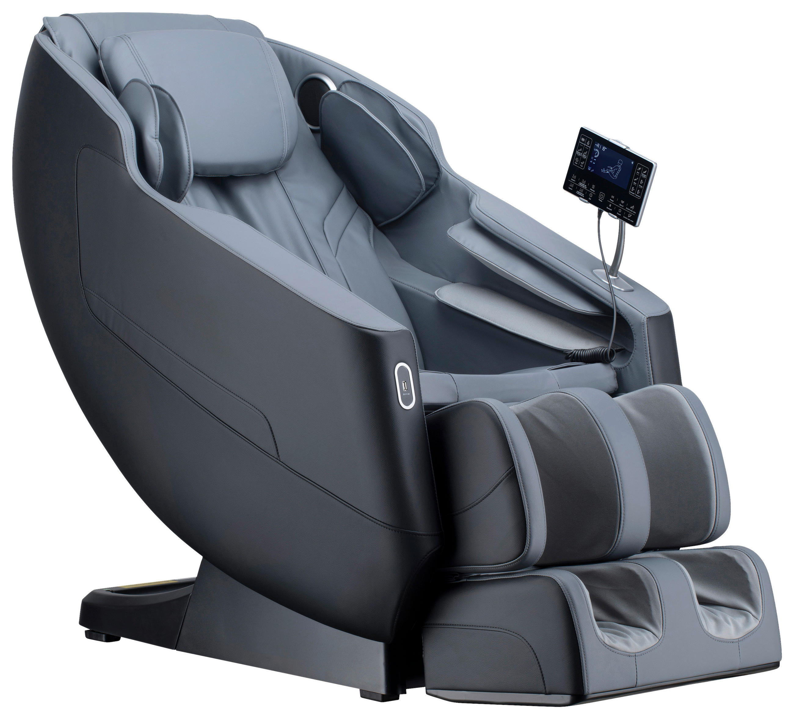 MASSAGESESSEL Fixed po Series  mit Lederlook Grau, Schwarz Relaxfunktion, Liegefunktion, Netzbetrieb, Massagefunktion, USB-Anschluss, ausziehbare Fußstütze, automatische Rückholfunktion, Bluetooth-Lautsprecher, inklusive Armlehnen, Nackenkissen abnehmbar Rückenkissen, Nackenstütze, Sitzkissen, Relaxfunktion, Fußteilverstellung, Nackenkissen  - Schwarz/Grau, KONVENTIONELL, Kunststoff/Textil (136/74,5/104,6cm) - Novel