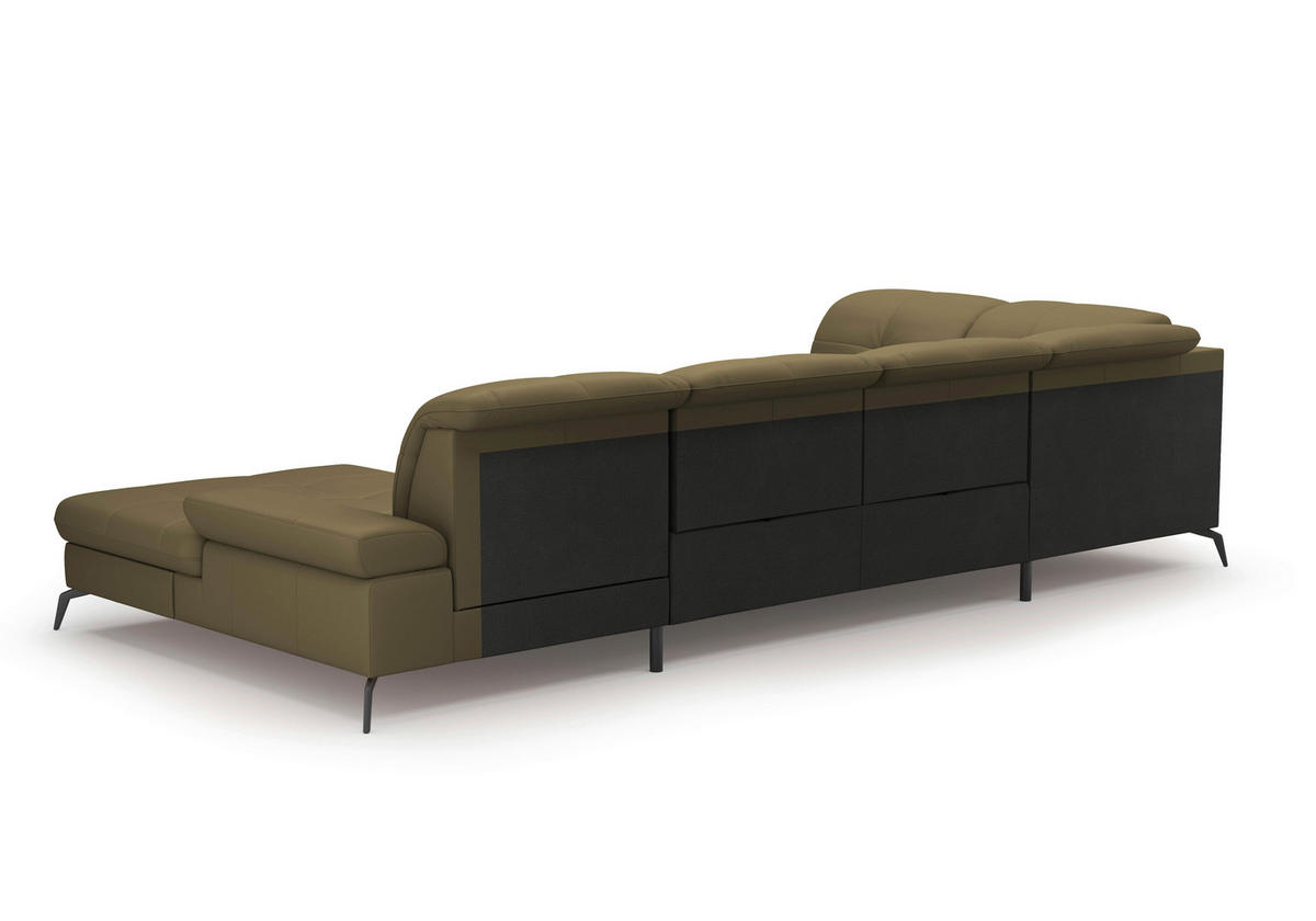 WOHNLANDSCHAFT Olivgrün Kombination Echtleder/Stoff Vliesstoff  - Schwarz/Olivgrün, KONVENTIONELL, Leder/Textil (231/357/185cm) - Sit & More