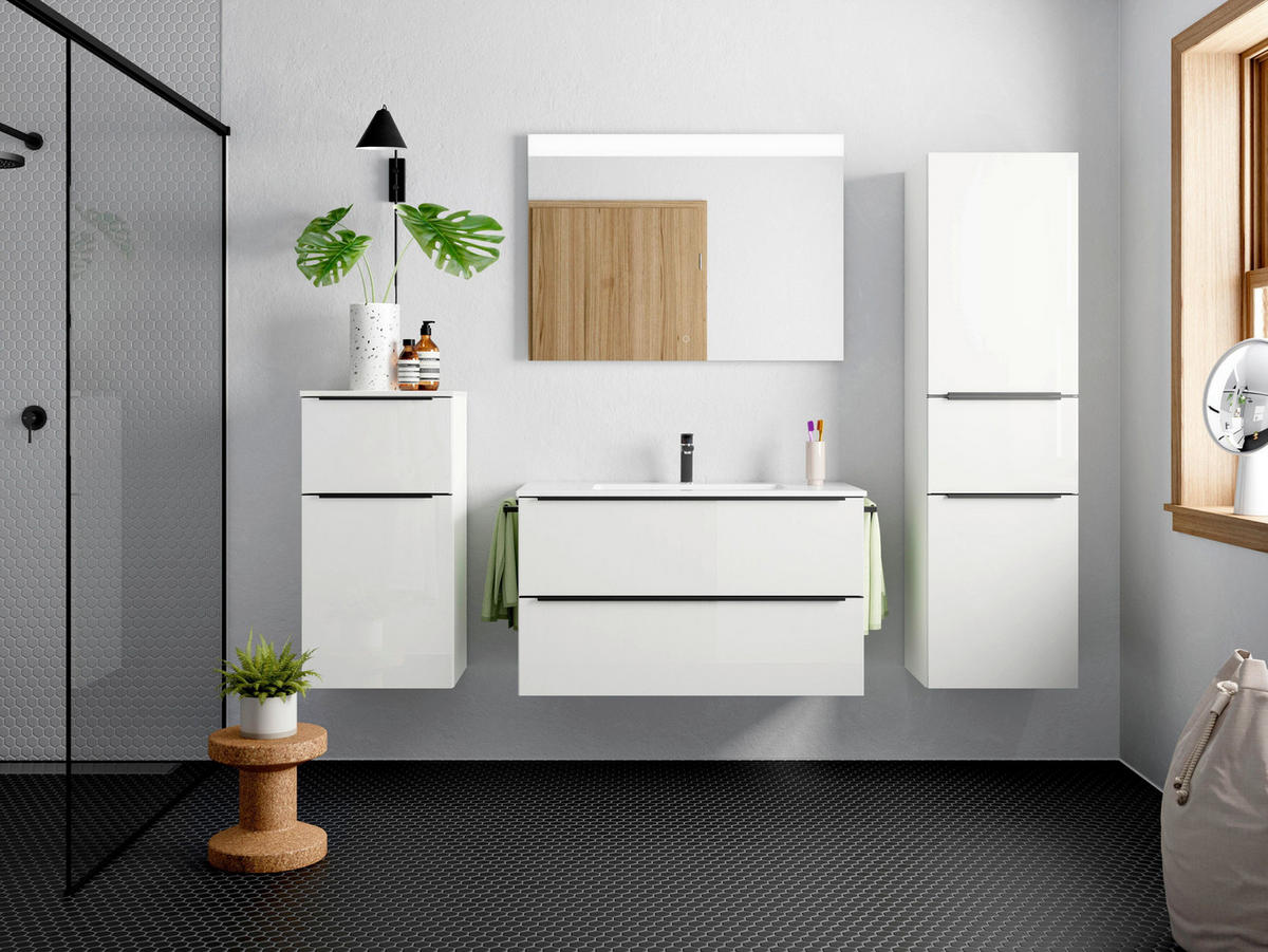 BADEZIMMER 3-teilig  in 101 cm  - Edelstahlfarben/Weiß Hochglanz, MODERN, Holzwerkstoff/Stein (101cm) - Nobilia