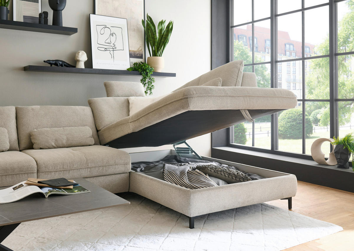 ECKSOFA Flachgewebe Sandfarben  - Sandfarben/Schwarz, Design, Textil/Metall (308/214cm) - Beldomo Speed