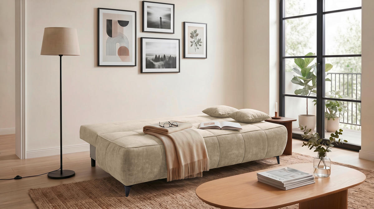 SCHLAFSOFA ELISA Webstoff Beige  inkl. Bettkasten  - Beige/Schwarz, MODERN, Kunststoff/Textil (215/96/106cm) - MID.YOU