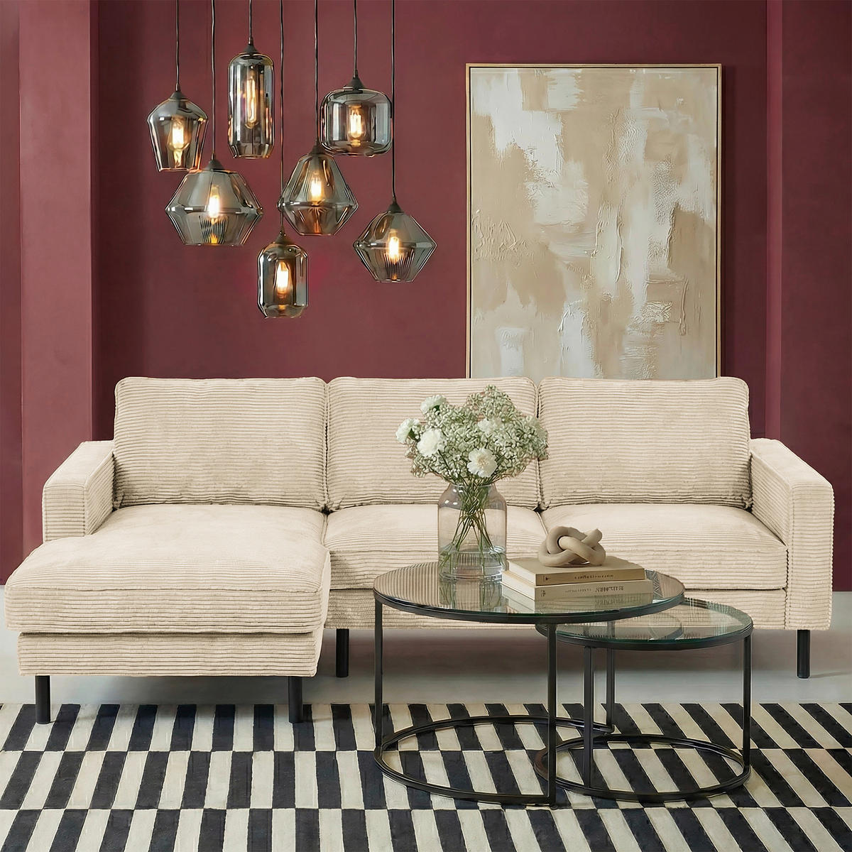 ECKSOFA  in Cord Beige Rücken echt  166/238 cm  - Beige/Schwarz, Design, Textil/Metall (166/238cm) - Livetastic
