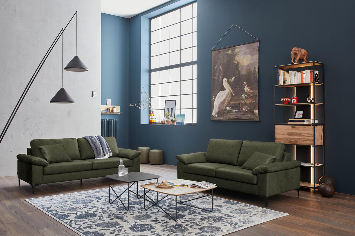 3-SITZER-SOFA  in Echtleder Olivgrün   - Schwarz/Olivgrün, Design, Leder/Metall (224/86/97cm) - Schöner Wohnen