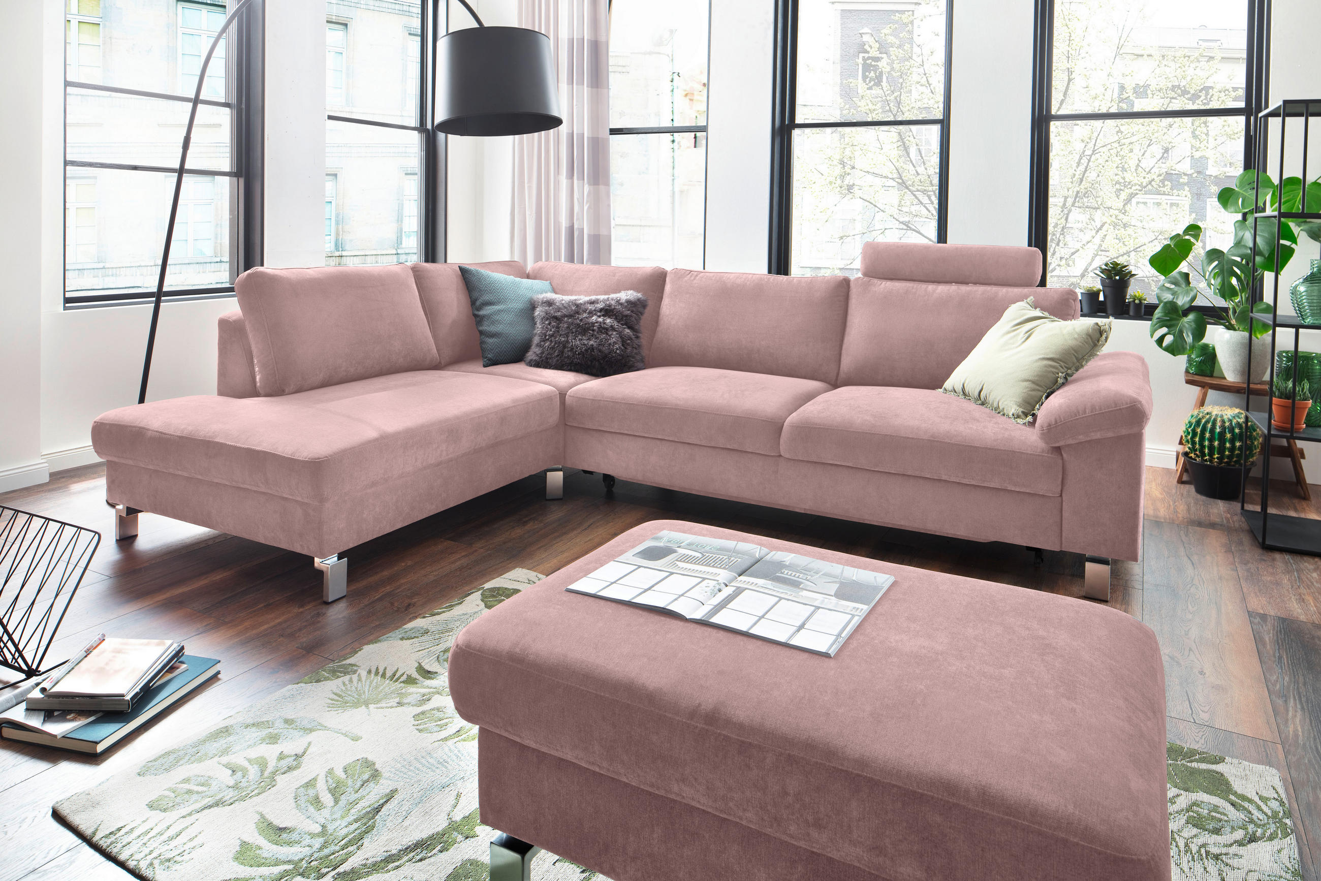 ECKSOFA Rosa Velours  - Chromfarben/Rosa, Design, Textil/Metall (200/281cm) - Hom`in