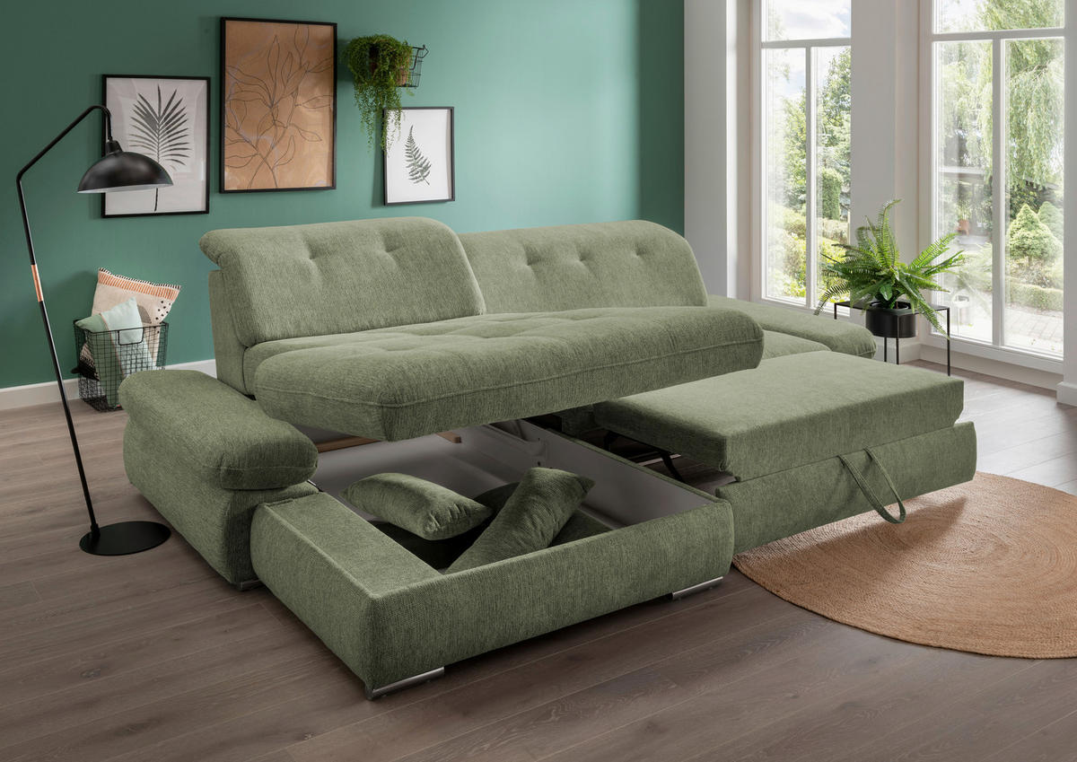 ECKSOFA Grün Chenille  - Chromfarben/Grün, Design, Textil/Metall (196/300cm) - Livetastic