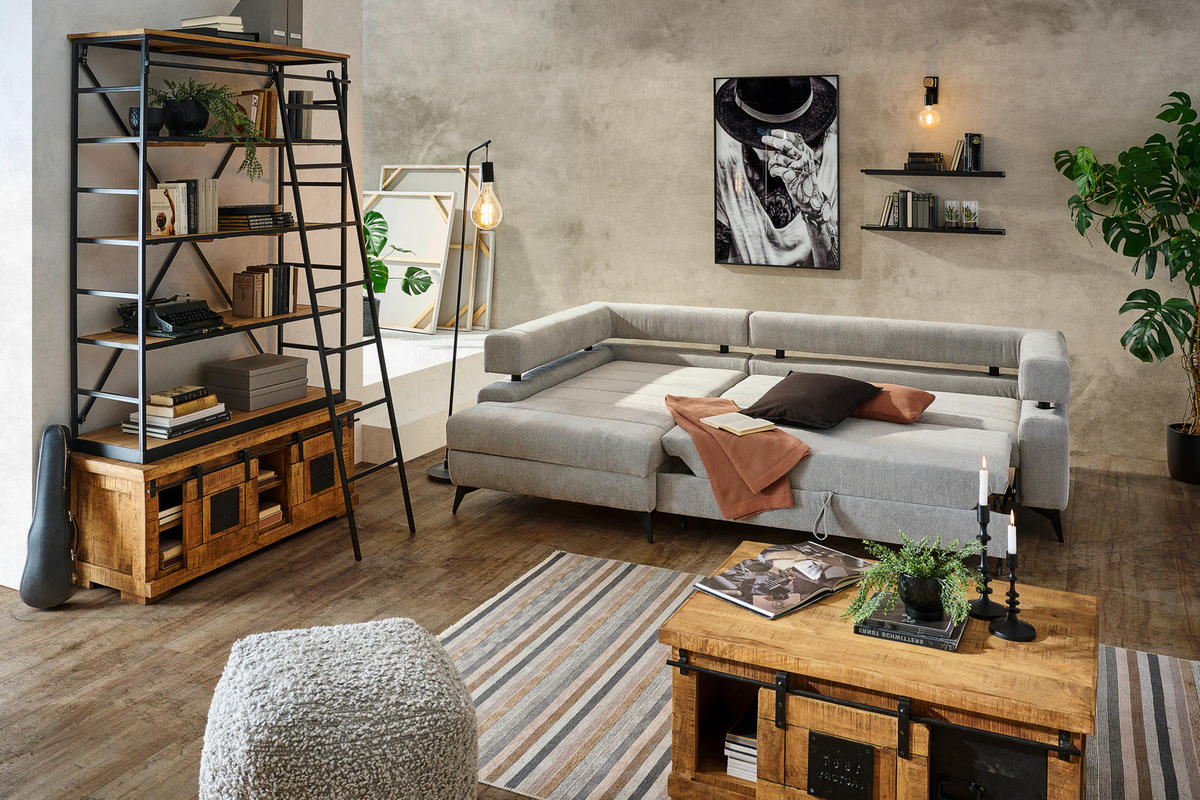 ECKSOFA in Chenille Hellgrau  - Hellgrau/Schwarz, Konventionell, Textil/Metall (184/265cm) - Hom`in