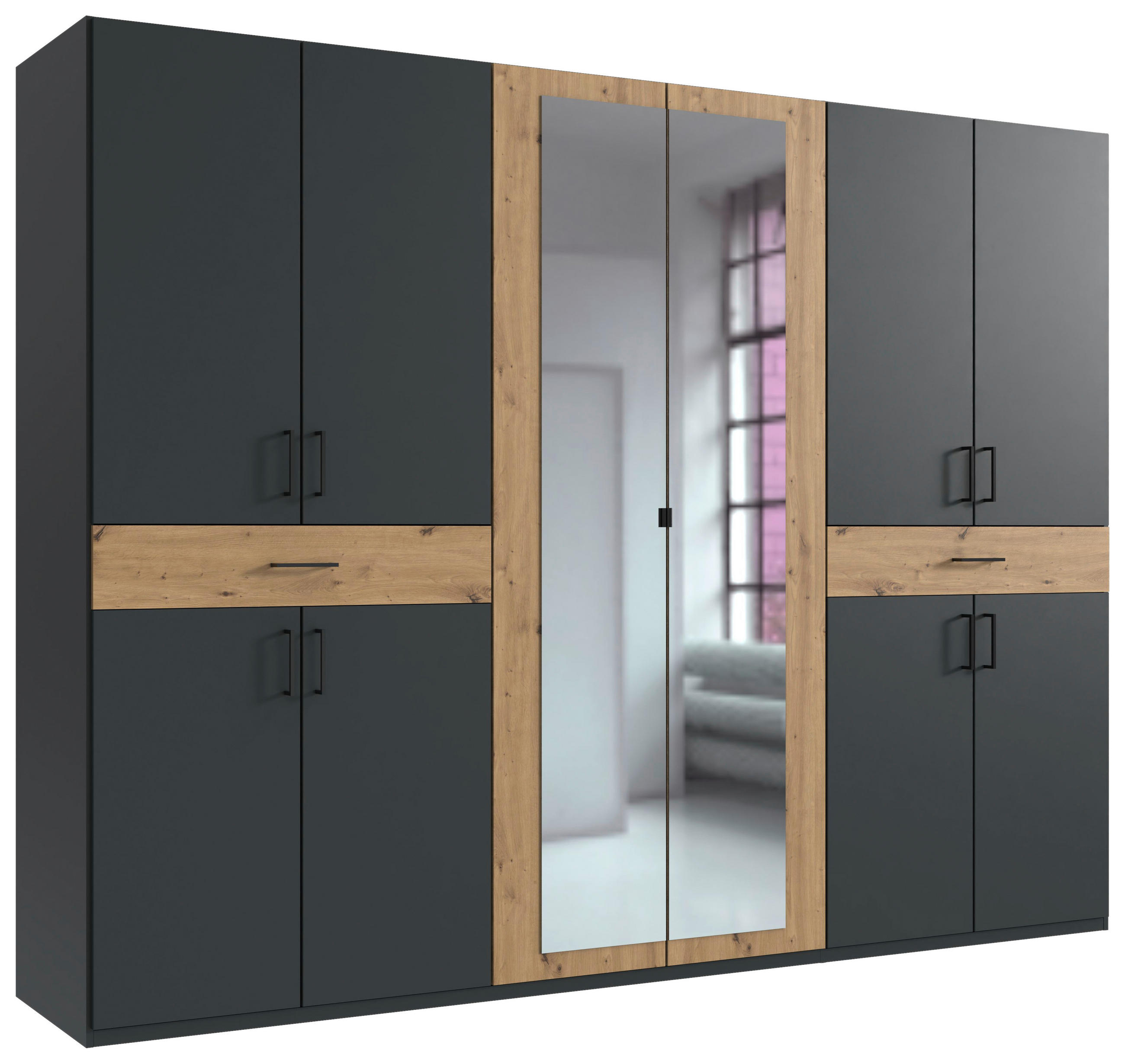 DREHTÜRENSCHRANK 270/208/58 cm,  in Graphitfarben, Eiche Artisan, 10-türig  - Schwarz/Graphitfarben, KONVENTIONELL, Glas/Holzwerkstoff (270/208/58cm) - Boxxx
