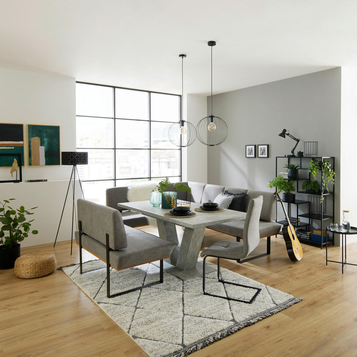 ECKBANK 175/225 cm Webstoff Grau Eiche vollmassiv   - Schwarz/Grau, MODERN, Holz/Textil (175/225cm) - Livetastic