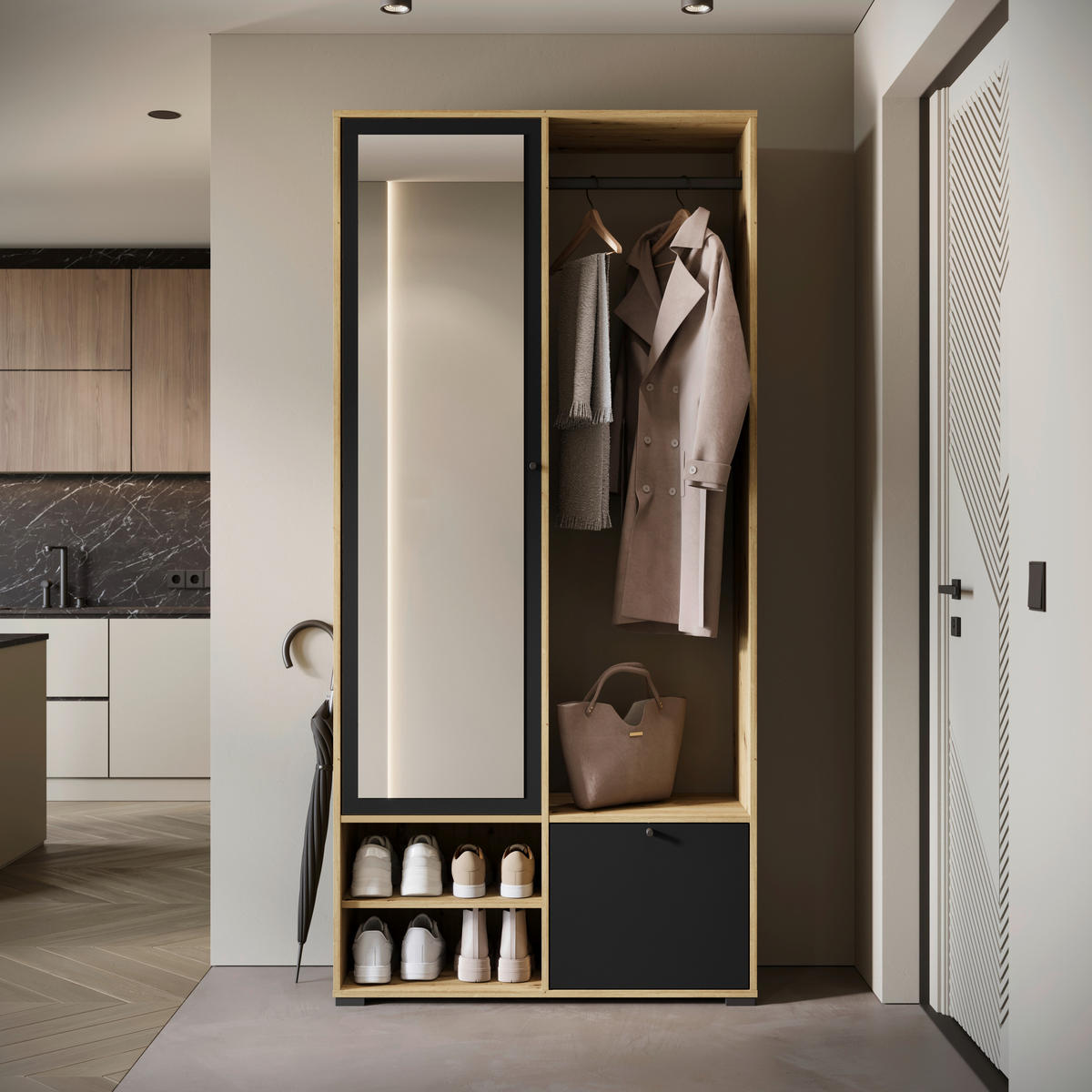 GARDEROBE  in  - Schwarz/Eiche Artisan, Trend, Holzwerkstoff (90/190/33cm)