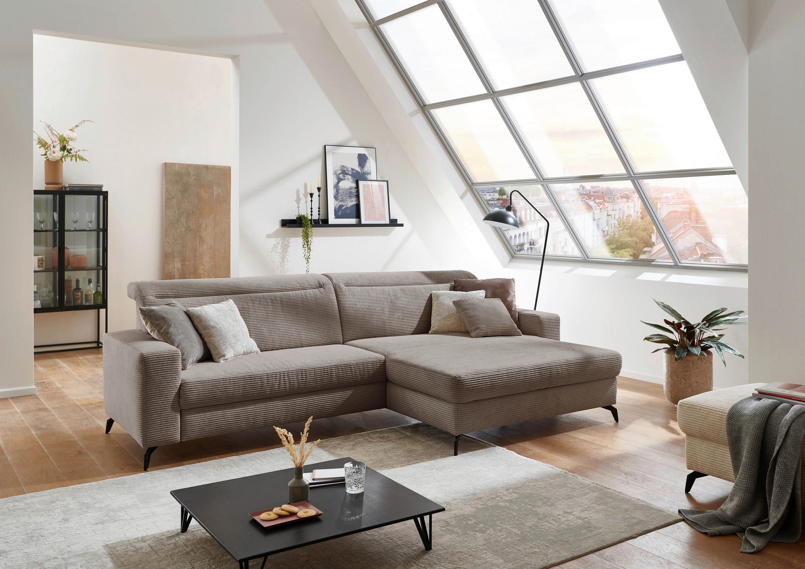 ECKSOFA Taupe Cord  - Taupe/Schwarz, KONVENTIONELL, Textil/Metall (290/178cm) - Cantus