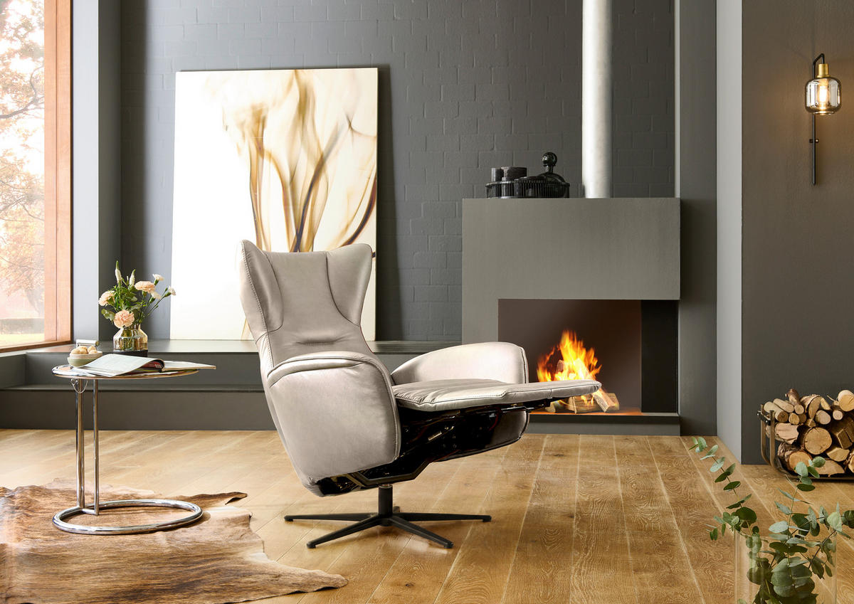 RELAXSESSEL Leder Ecru  - Ecru/Schwarz, Design, Leder/Metall (75/106/86cm) - Valdera