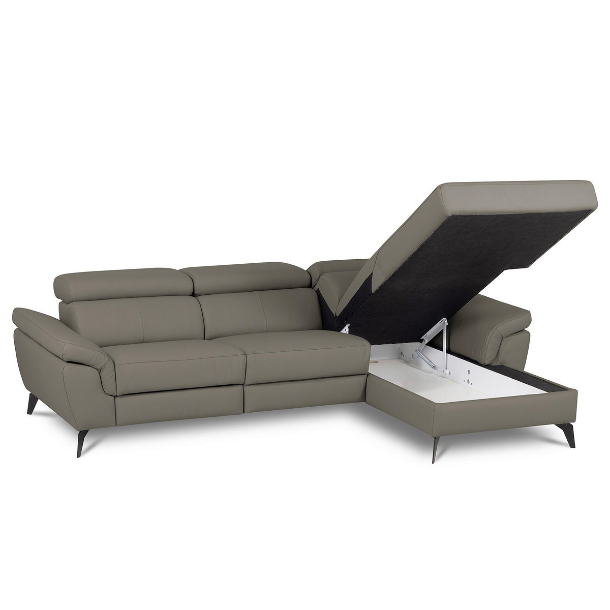 ECKSOFA SONO in Lederlook Echtleder Schlammfarben Bettkasten, Armteilverstellung, Kopfteilverstellung  252/179 cm  - Schlammfarben/Schwarz, Design, Leder/Textil (252/179cm) - Livetastic