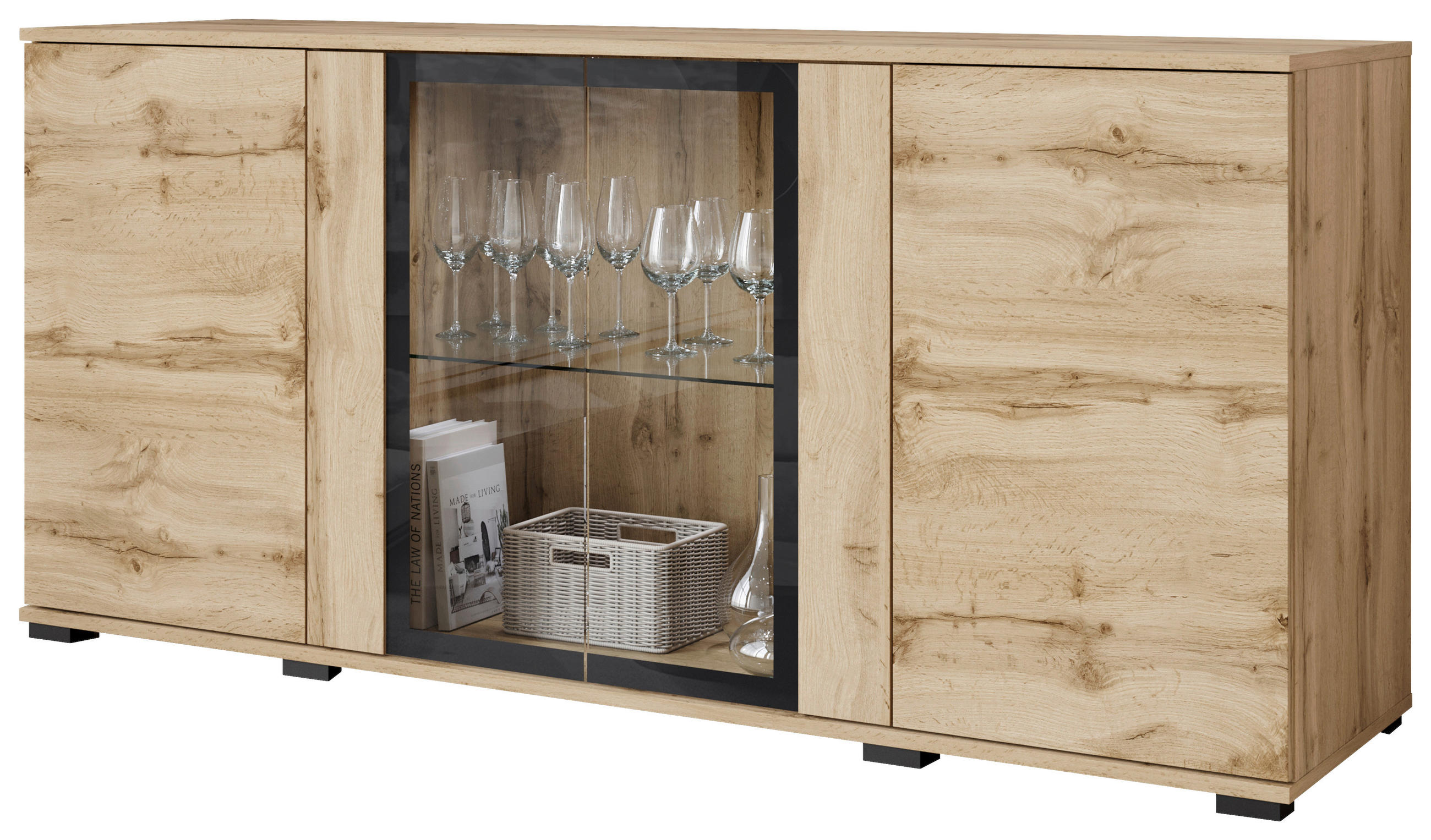 SIDEBOARD 150/69,7/39,5 cm  - ek Wotan/svart, Design, trämaterial/glas (150/69,7/39,5cm) - Livetastic