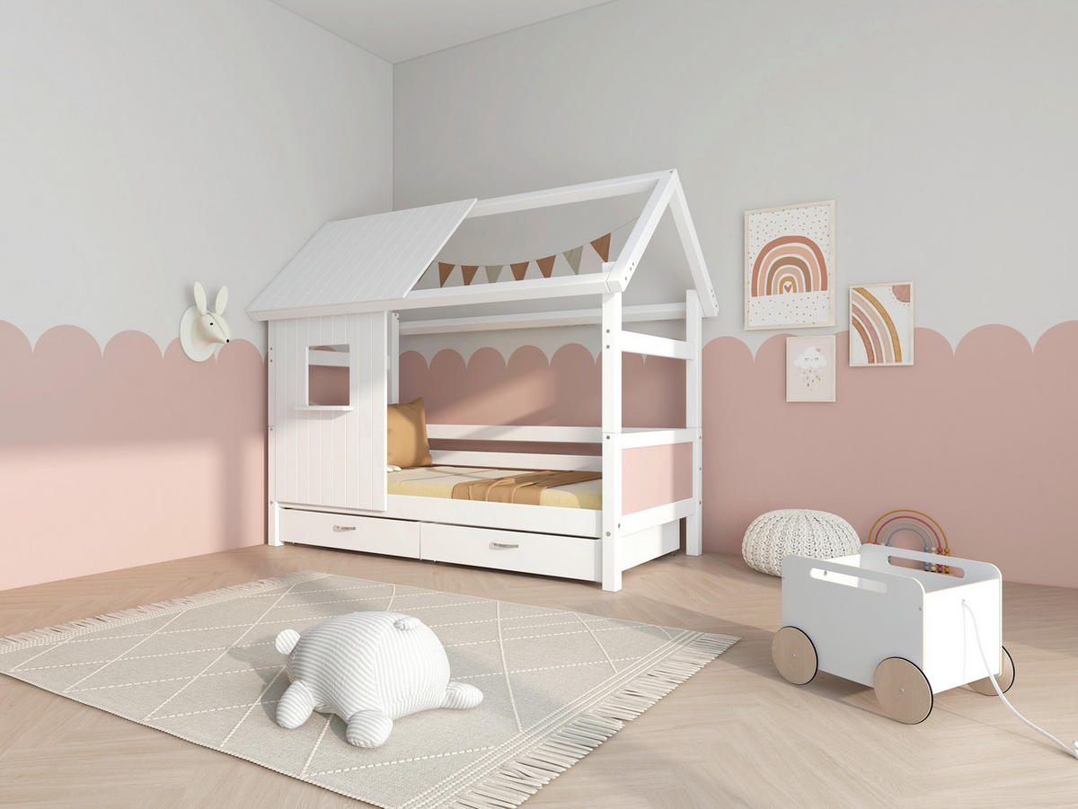 HAUSBETT 90/200 cm,  in Rosa, Weiß, Rollrost, Bettschublade  - Rosa/Weiß, MODERN, Holz (90/200cm) - Chameo