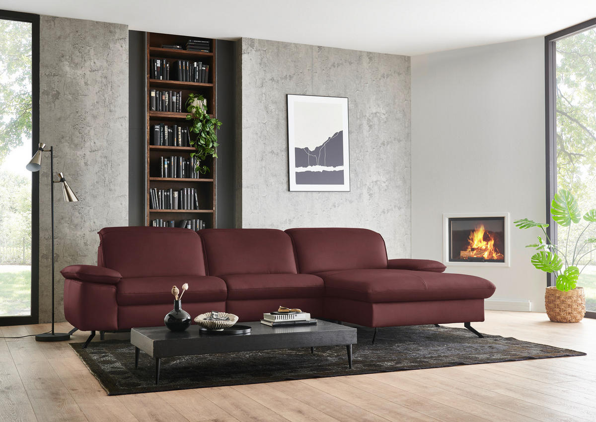 ECKSOFA  Echtleder Beere  - Beere/Schwarz, Design, Leder/Metall (307/169cm) - Beldomo Premium