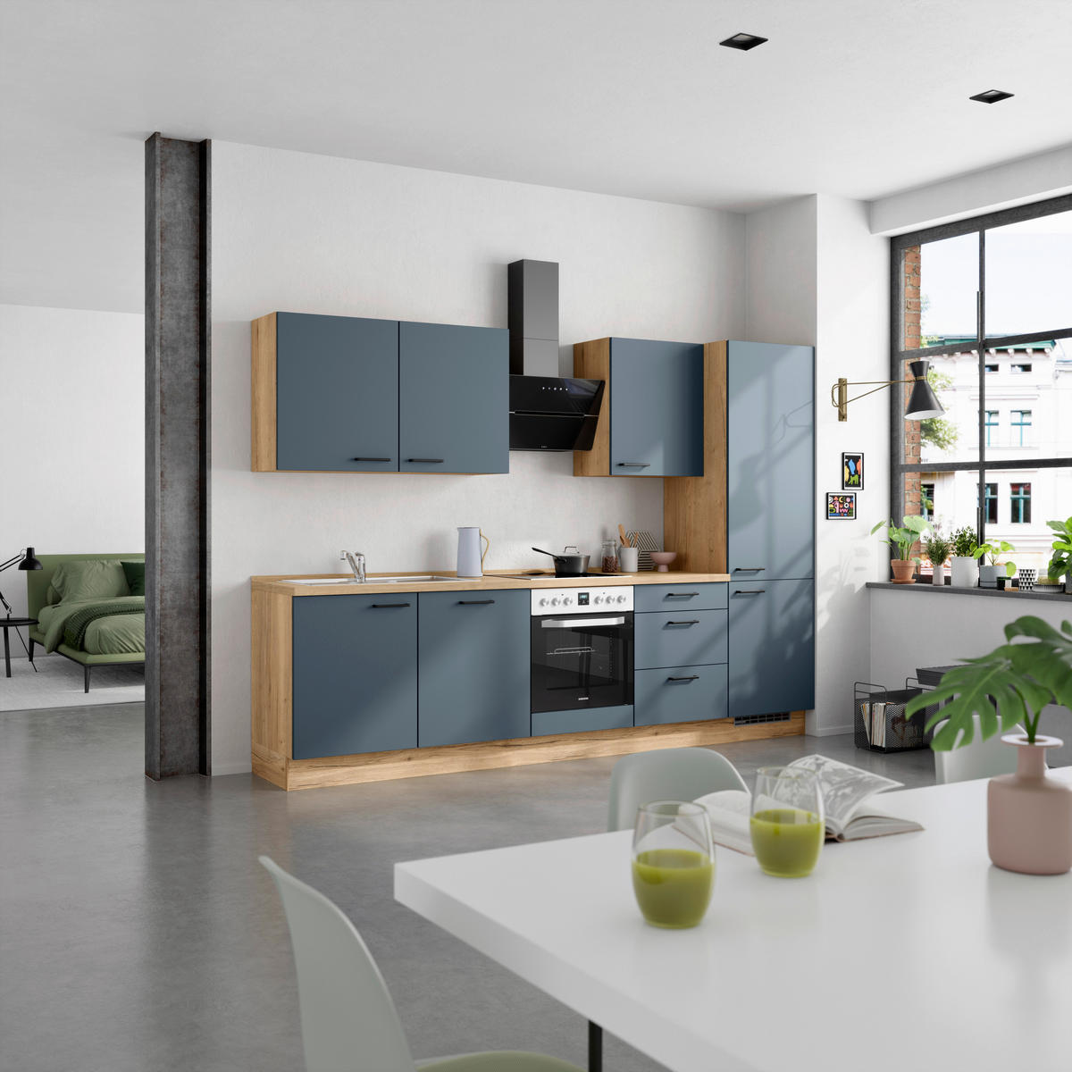 KÜCHENBLOCK Easytouch 300 cm  in Eichefarben, Dunkelblau  - Eichefarben/Schwarz, MODERN, Holzwerkstoff/Metall (300cm) - Nobilia