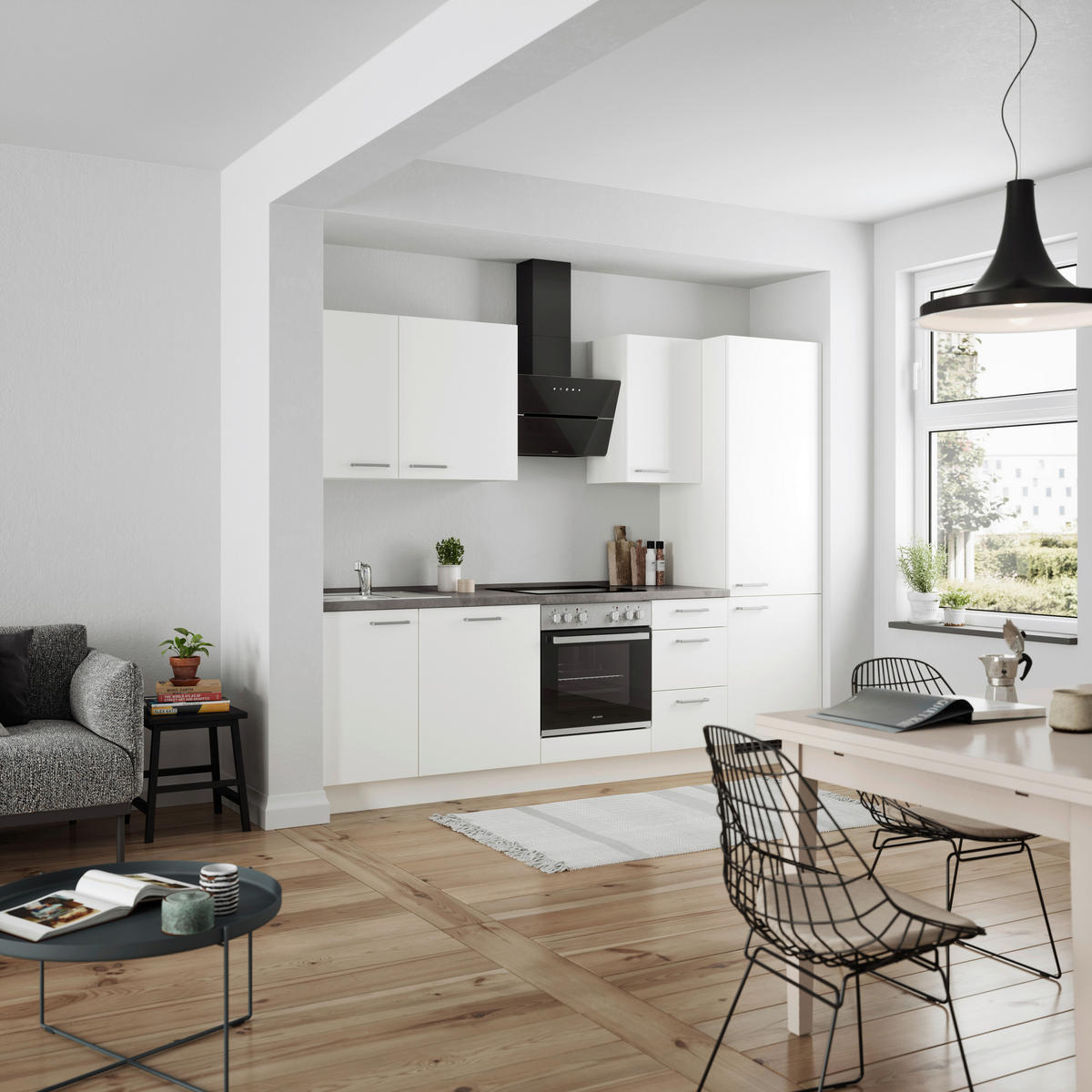 BUCĂTĂRIE FĂRĂ ELECTROCASNICE  - alb/culoare inox, Modern, metal/material pe bază de lemn (270cm) - Nobilia