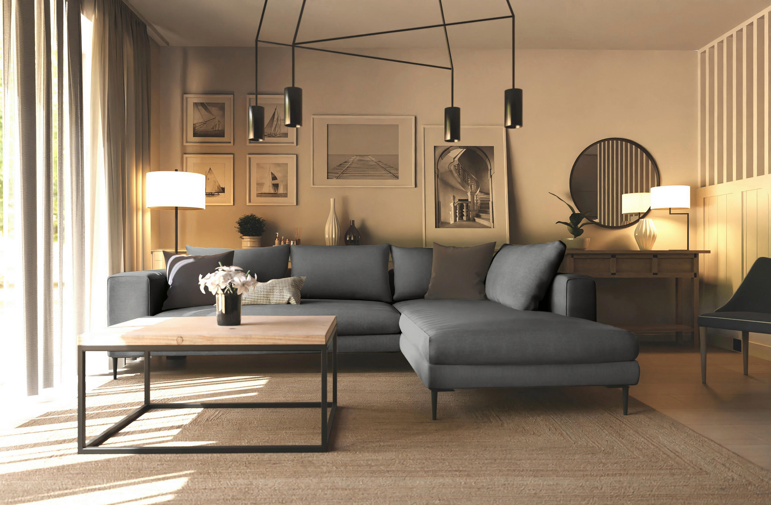 ECKSOFA in Struktur Dunkelgrau  - Dunkelgrau/Schwarz, Modern, Textil/Metall (295/210cm) - Trendmanufaktur
