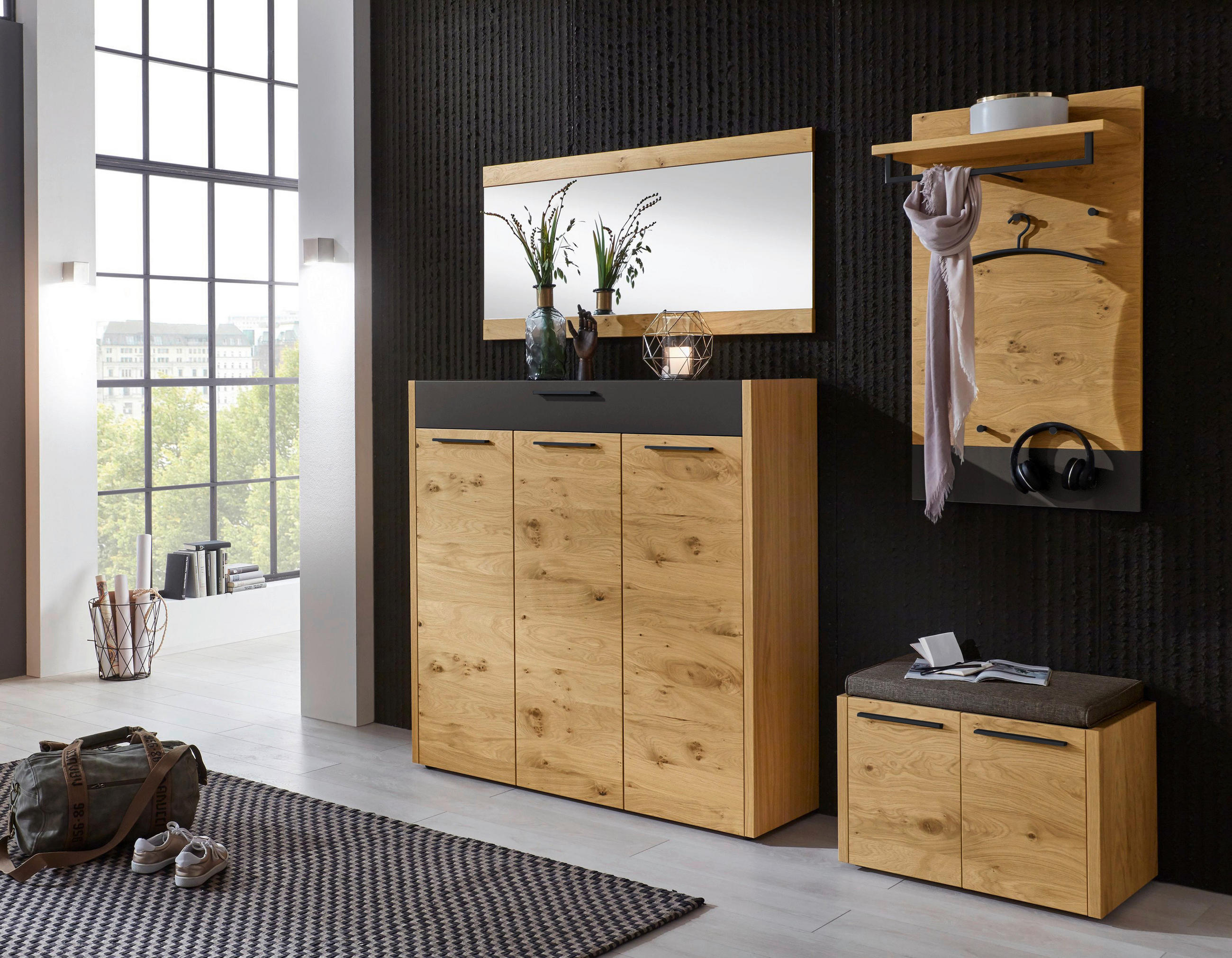 GARDEROBE 5-teilig in 205/195/41 cm - Eichefarben/Schwarz, Design, Glas/Holz (205/195/41cm)