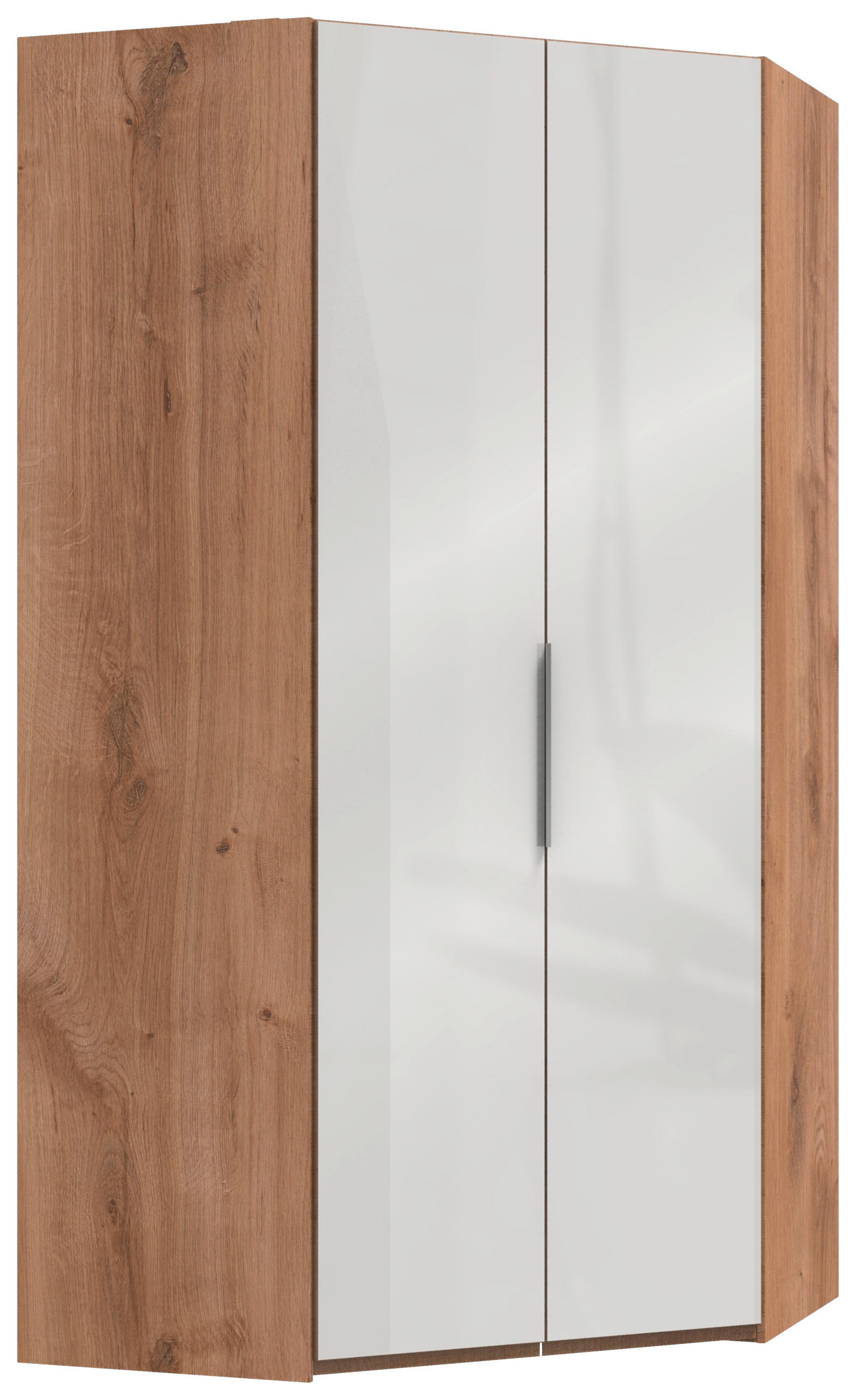 Dulap Pe Colț, 120/236/120 cm, alb, culoare lemn stejar - alb/culoare crom, Modern, sticlă/metal (120/236/120cm) - MID.YOU